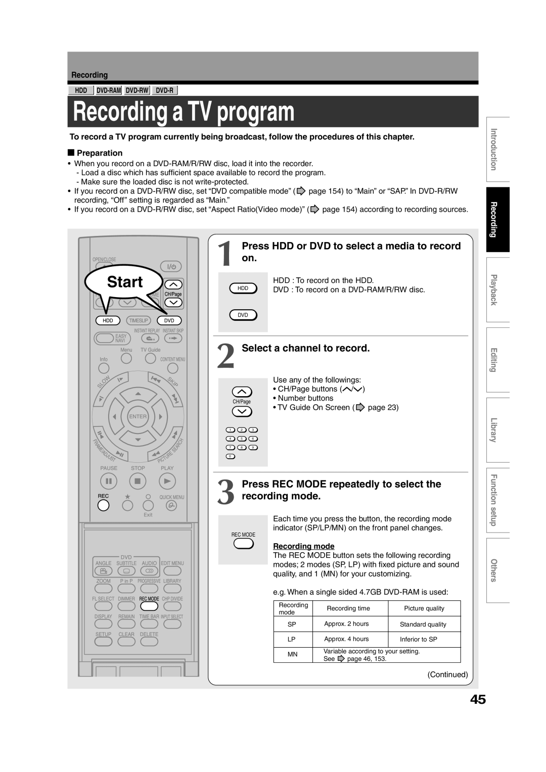 Toshiba RD-XS35SU Recording a TV program, Press HDD or DVD to select a media to record on, Select a channel to record 