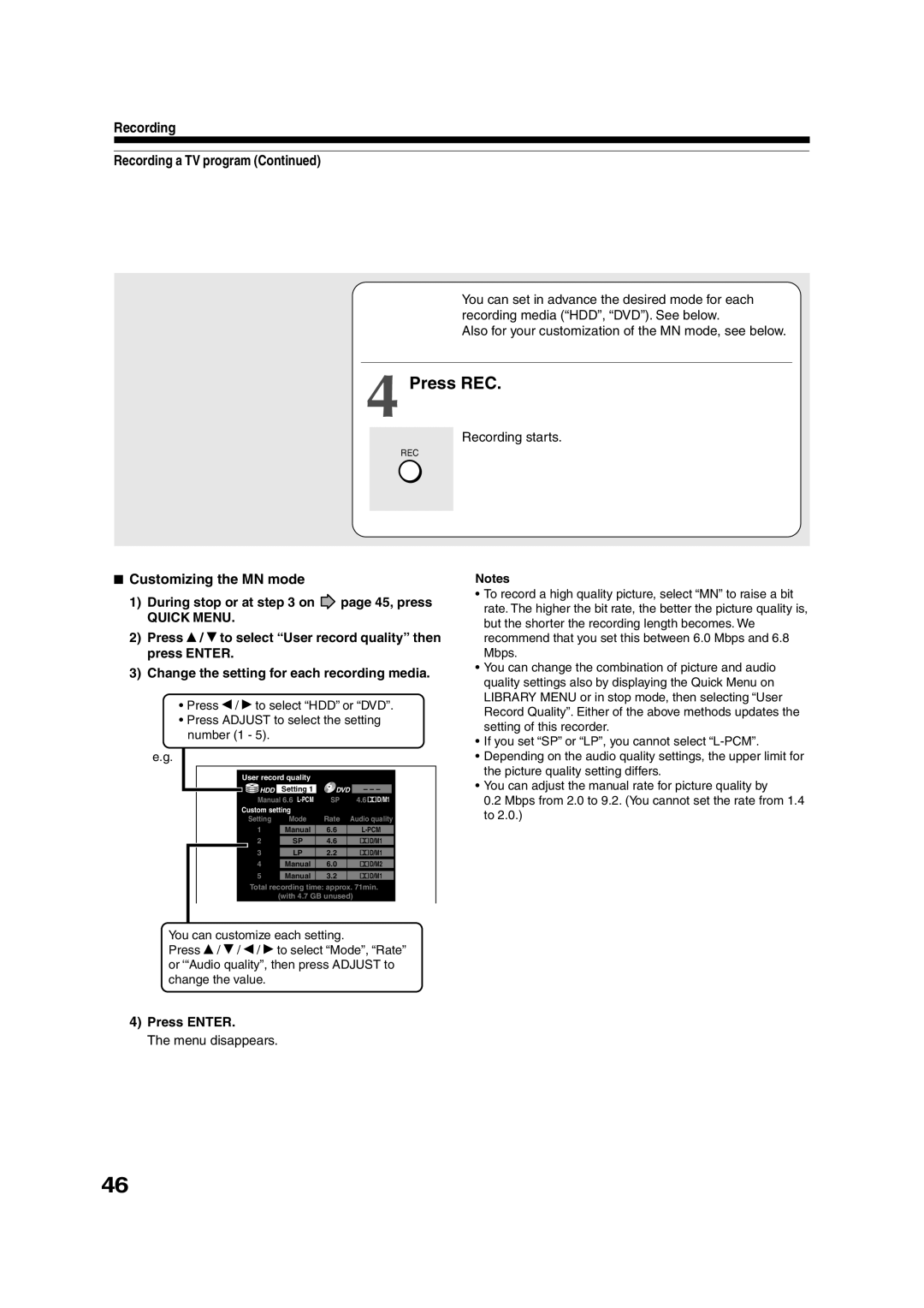 Toshiba RD-XS35SU owner manual Press REC, Recording Recording a TV program, Customizing the MN mode 