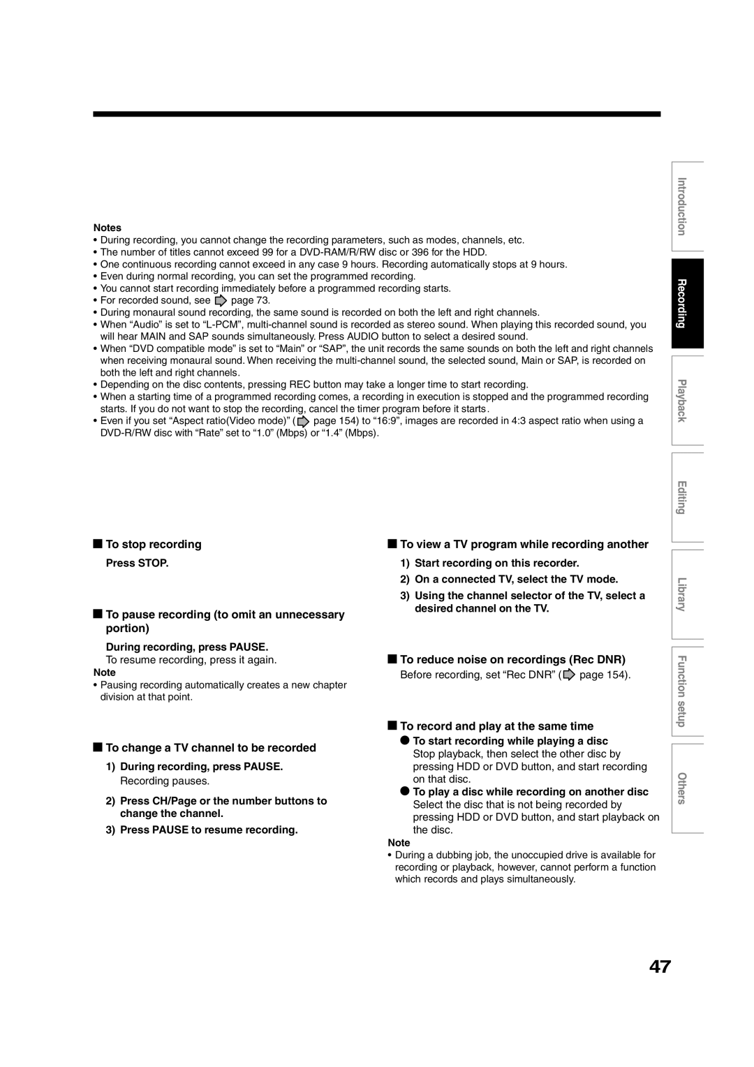 Toshiba RD-XS35SU owner manual To stop recording, To pause recording to omit an unnecessary portion 