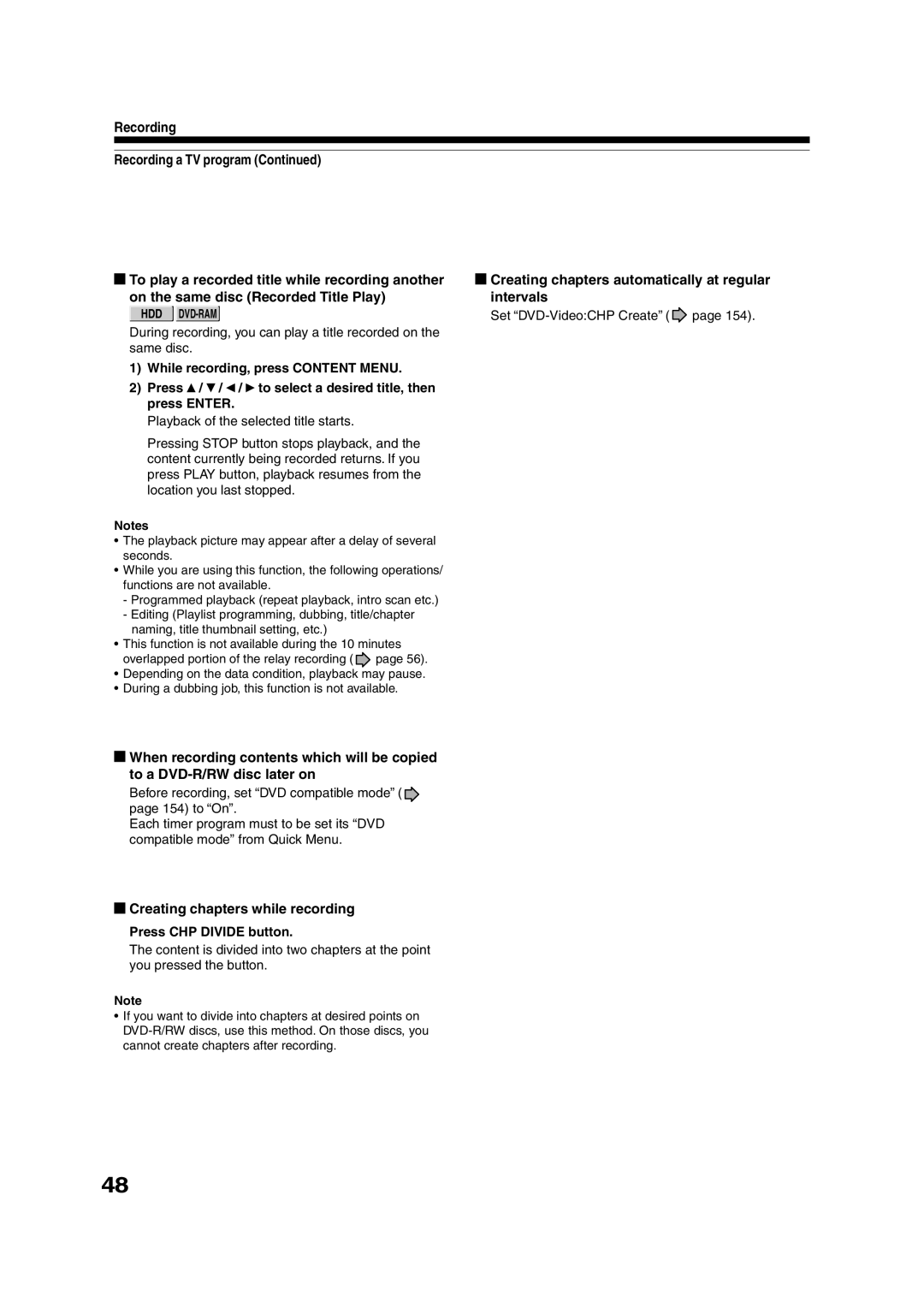 Toshiba RD-XS35SU owner manual Creating chapters automatically at regular intervals, Creating chapters while recording 