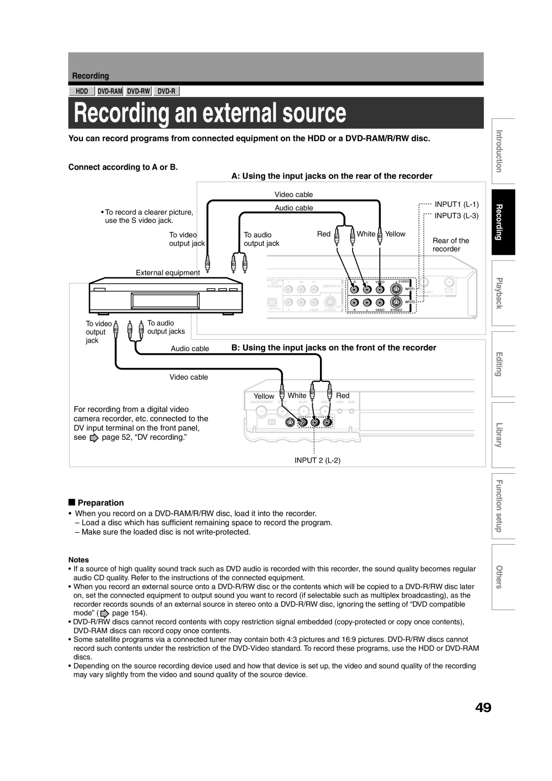 Toshiba RD-XS35SU owner manual Recording an external source, External equipment To video To audio Output, Jack 