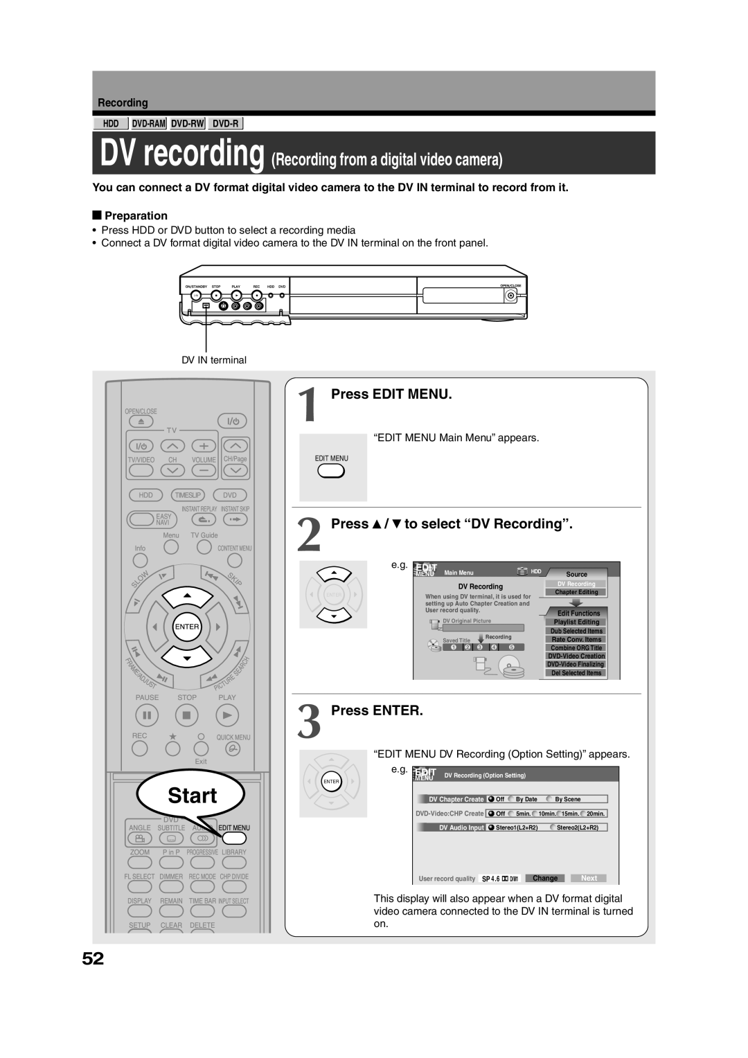 Toshiba RD-XS35SU owner manual Press Edit Menu, Press / to select DV Recording, Edit Menu Main Menu appears 