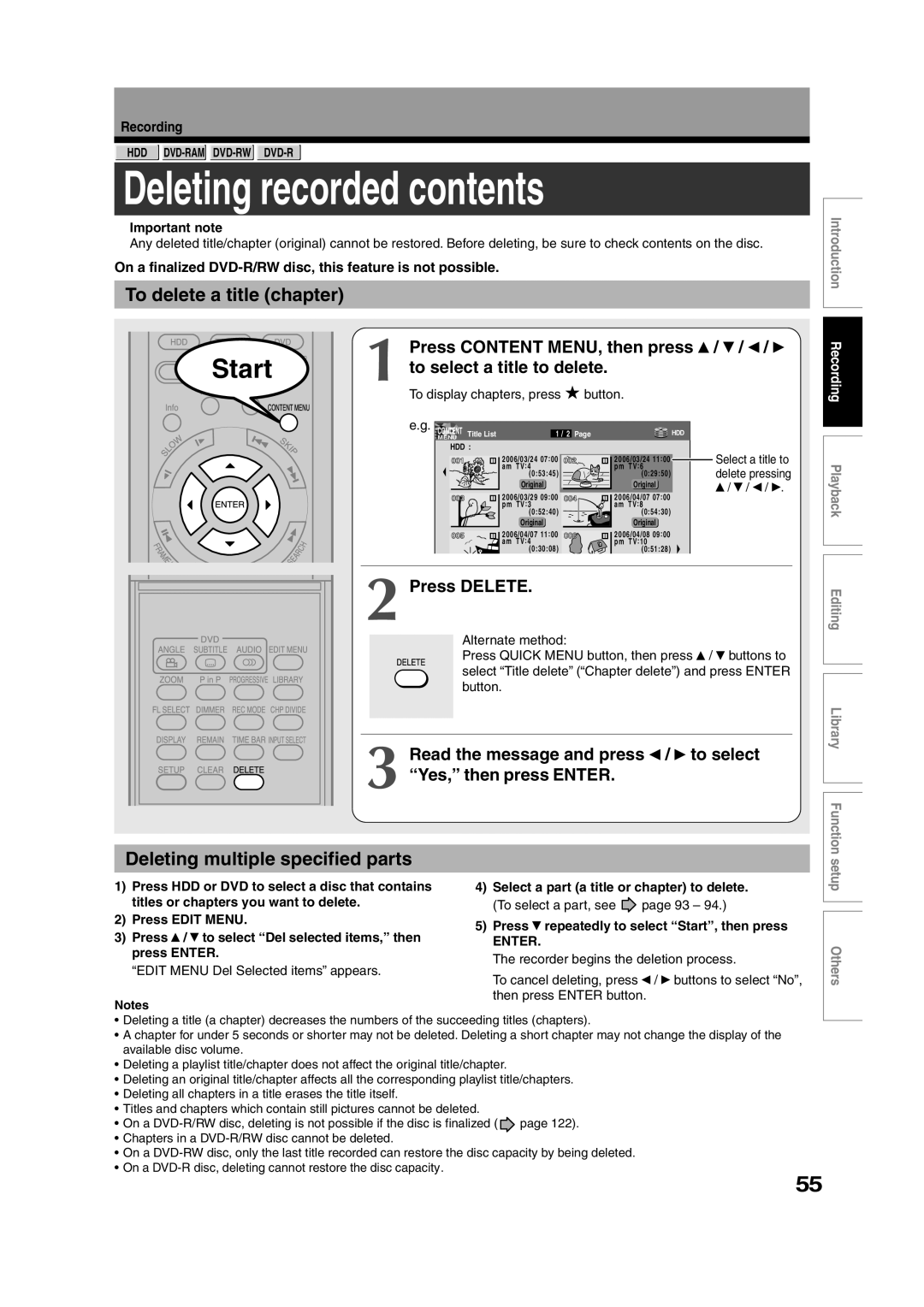 Toshiba RD-XS35SU owner manual Deleting recorded contents 