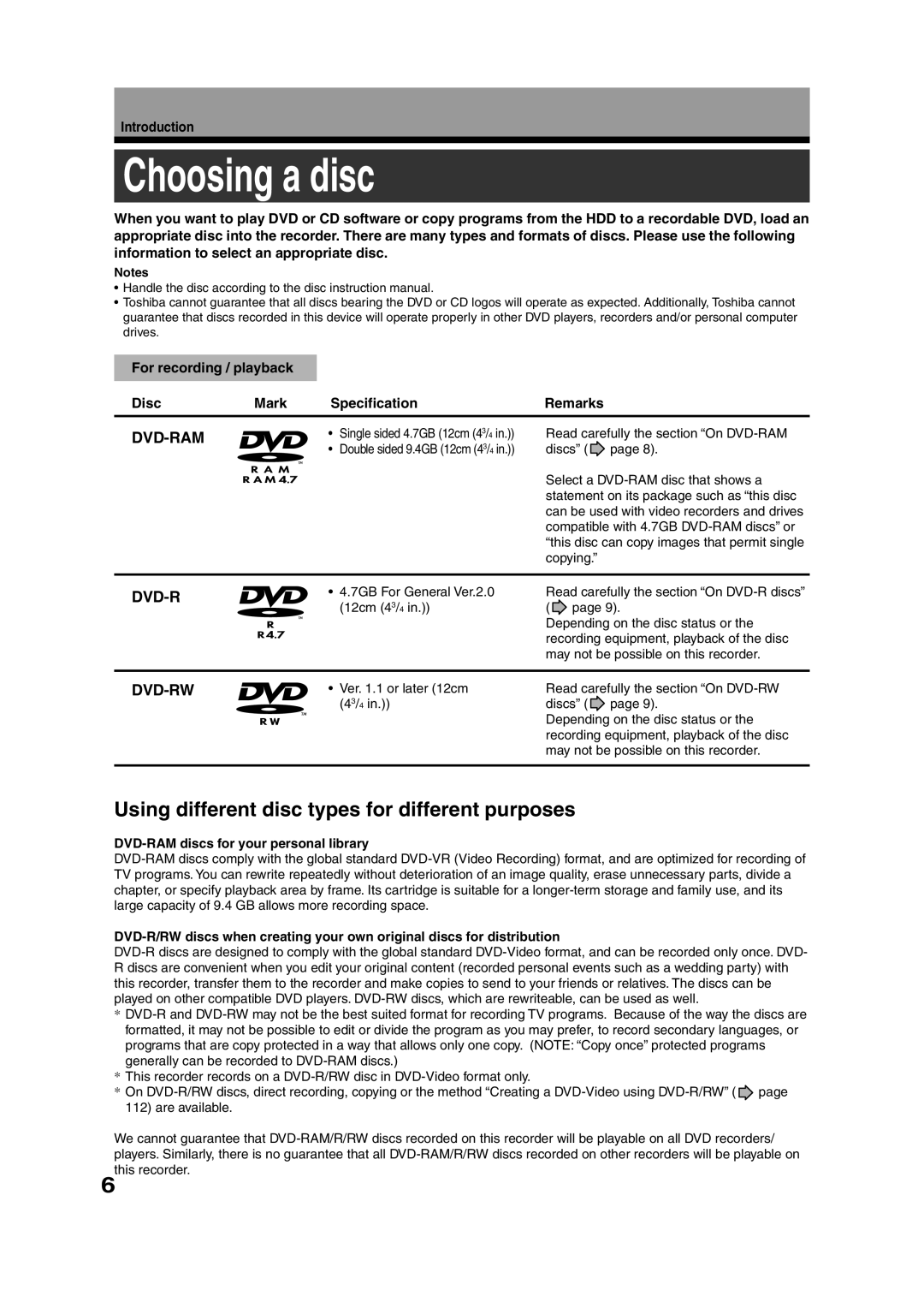 Toshiba RD-XS35SU owner manual Choosing a disc, For recording / playback Disc Mark Specification Remarks 