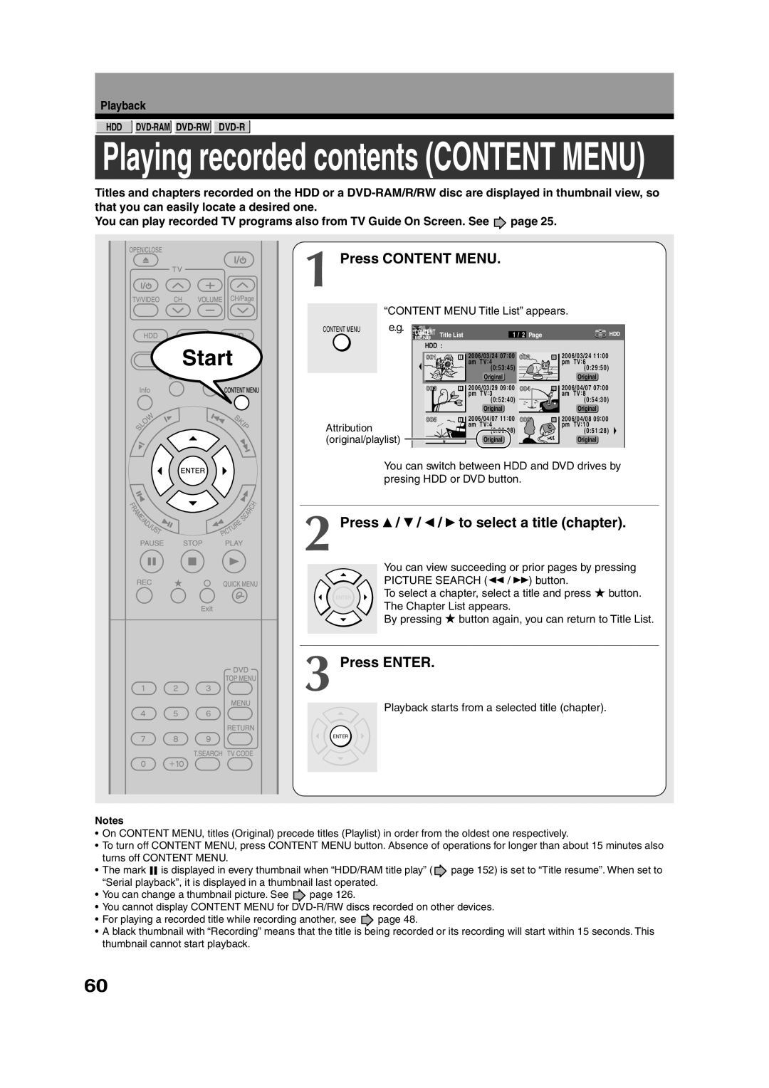 Toshiba RD-XS35SU owner manual Playing recorded contents Content Menu 