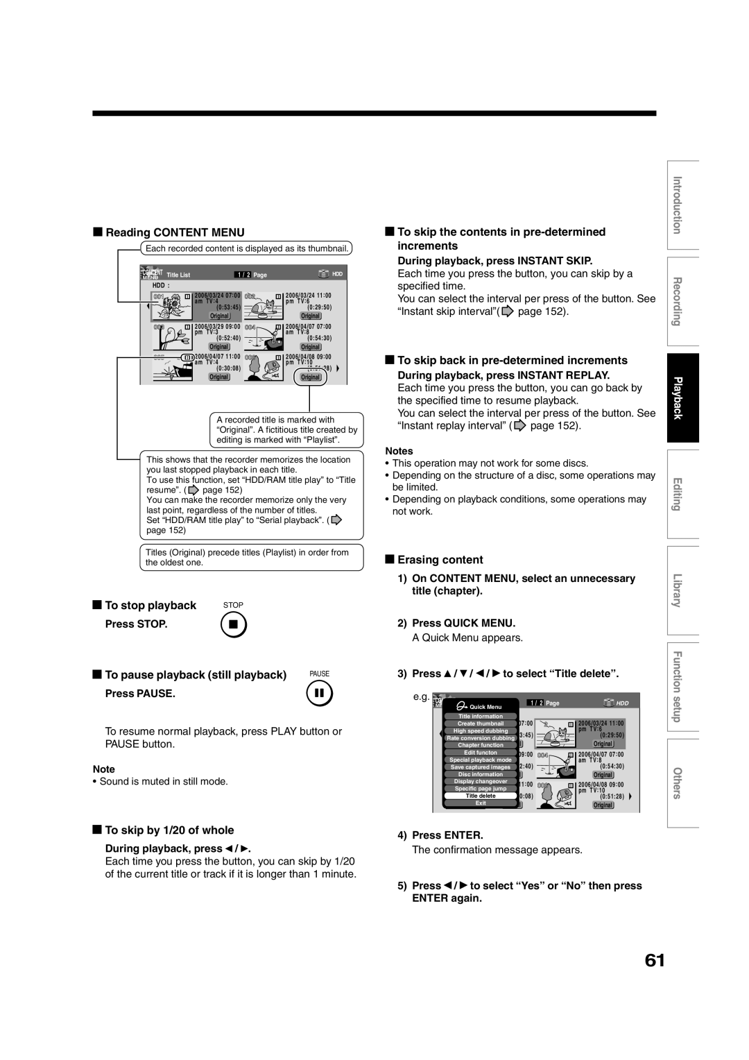 Toshiba RD-XS35SU Reading Content Menu, To stop playback, To pause playback still playback, To skip by 1/20 of whole 