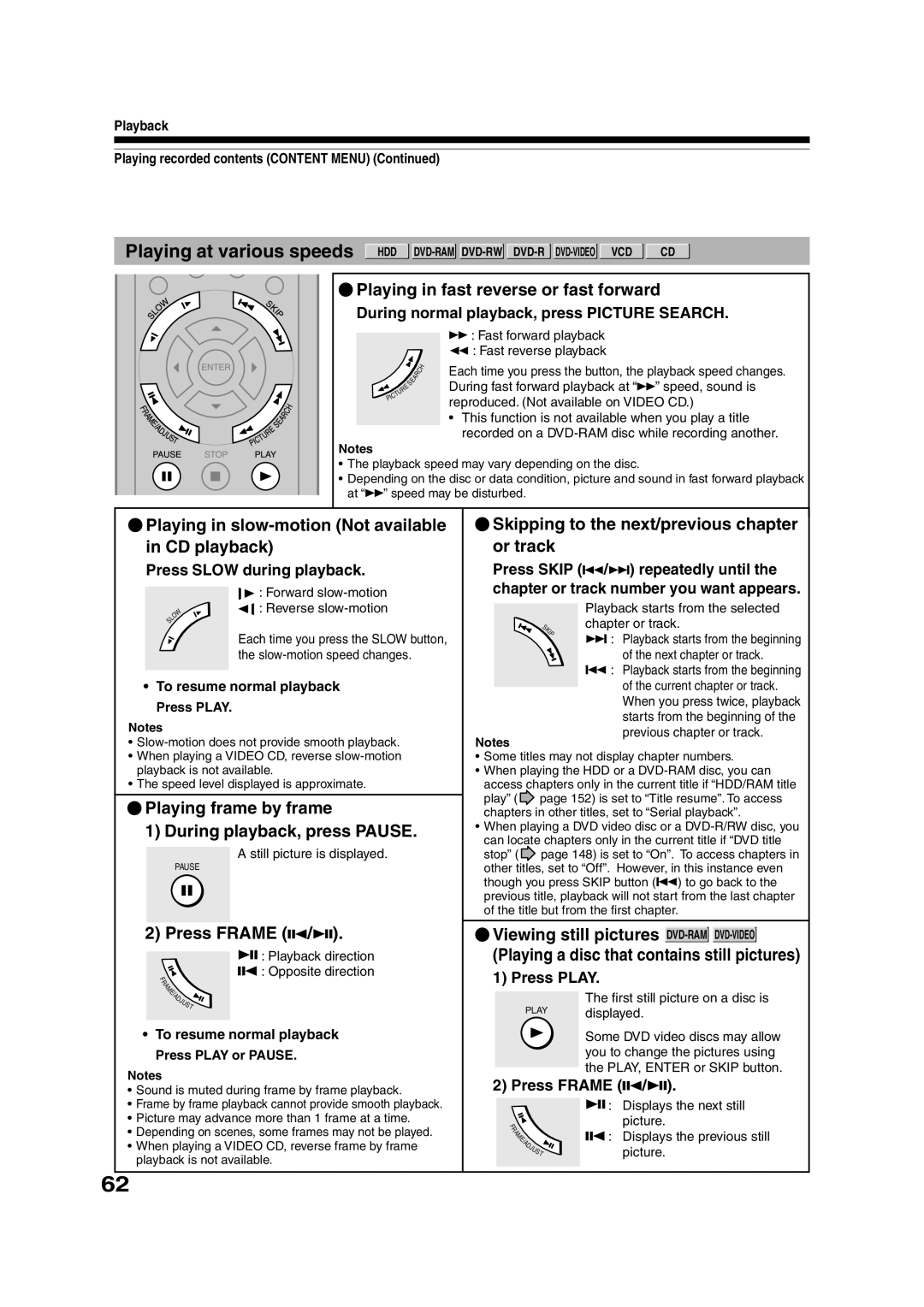 Toshiba RD-XS35SU owner manual Playing in fast reverse or fast forward, Playing in slow-motion Not available in CD playback 