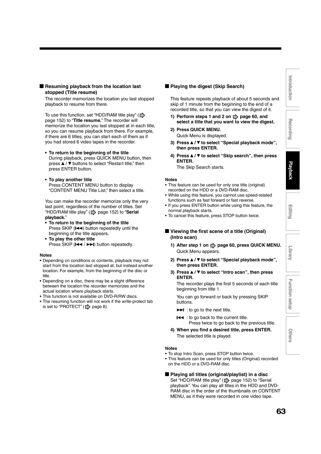 Toshiba RD-XS35SU owner manual Playing the digest Skip Search, Viewing the first scene of a title Original Intro scan 