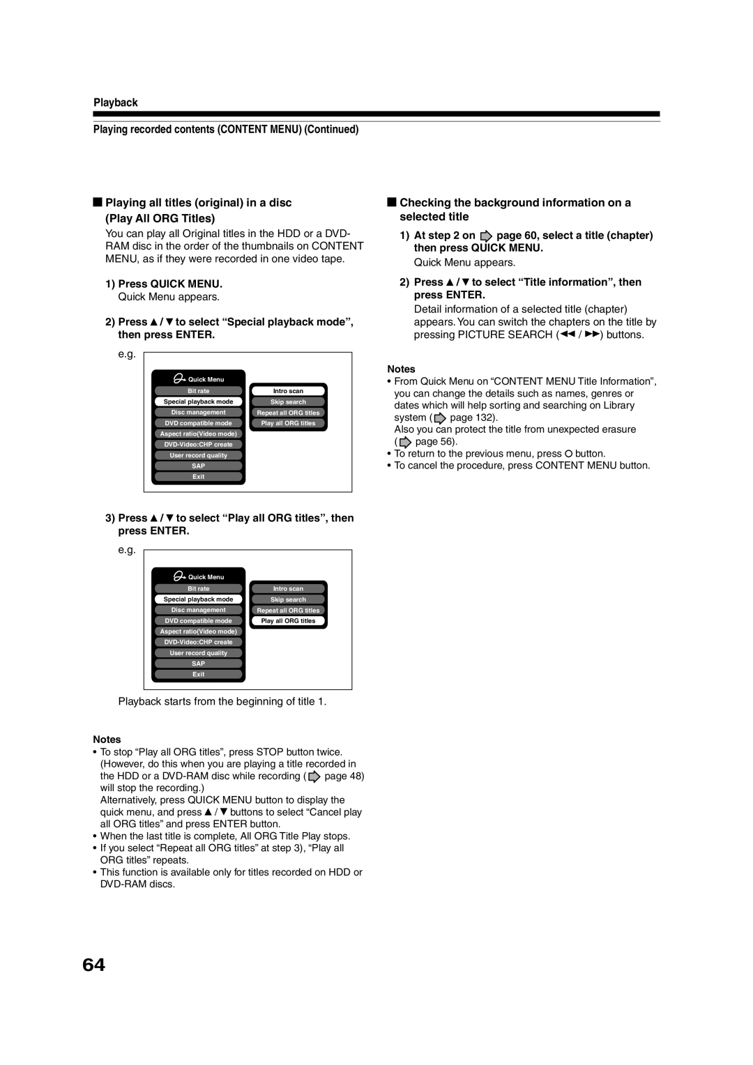 Toshiba RD-XS35SU owner manual Playing all titles original in a disc Play All ORG Titles 