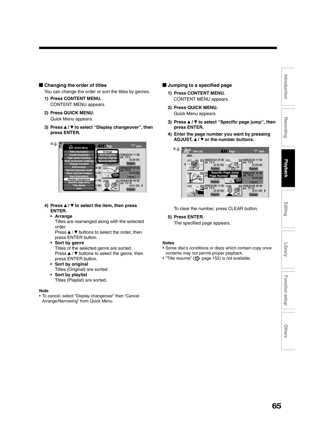 Toshiba RD-XS35SU owner manual Changing the order of titles, Jumping to a specified 