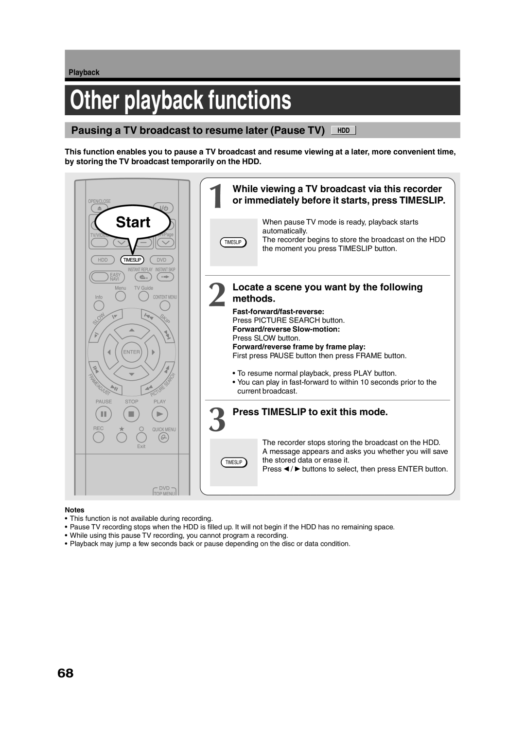 Toshiba RD-XS35SU owner manual Other playback functions, Pausing a TV broadcast to resume later Pause TV HDD, Methods 