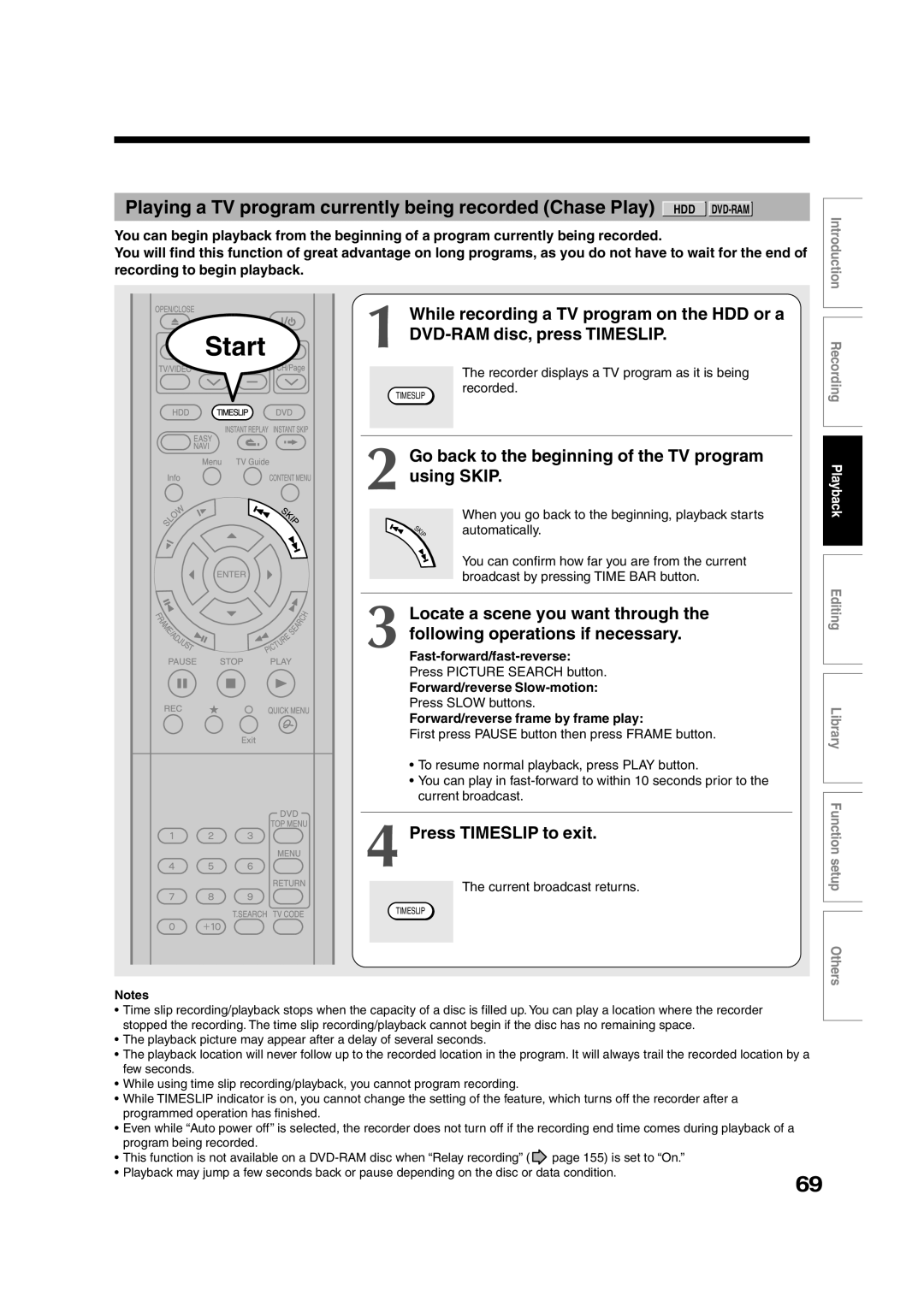 Toshiba RD-XS35SU owner manual DVD-RAM disc, press Timeslip, Go back to the beginning of the TV program, Using Skip 