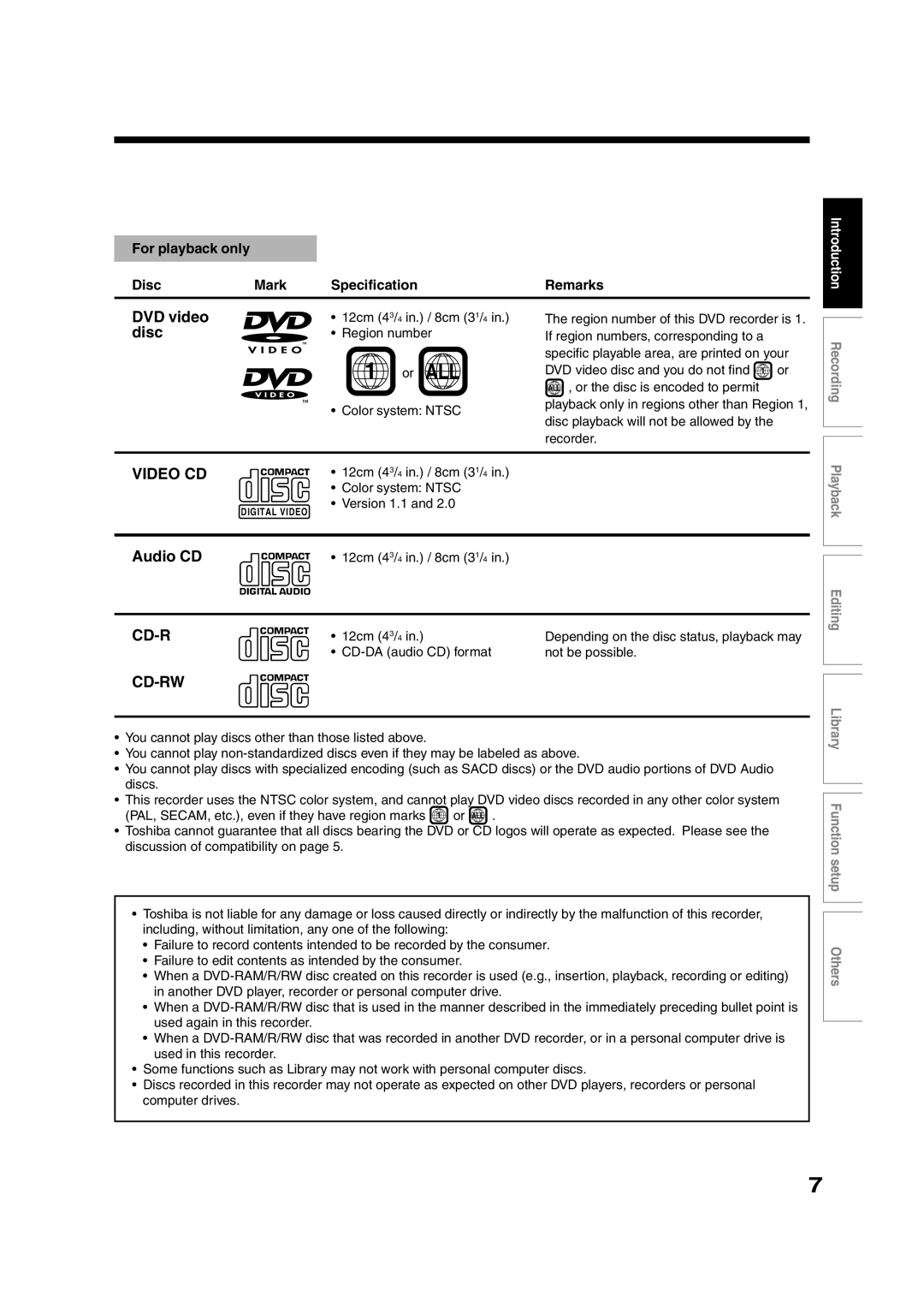 Toshiba RD-XS35SU owner manual For playback only Disc Mark Specification Remarks, 12cm 43/4 in. / 8cm 31/4, Region number 