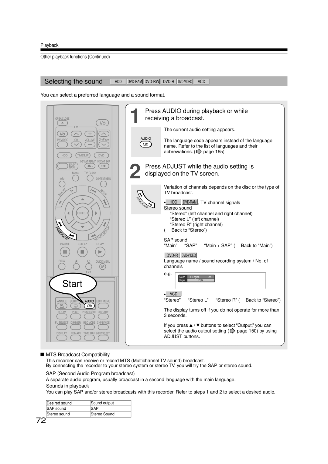 Toshiba RD-XS35SU owner manual Press Audio during playback or while receiving a broadcast, MTS Broadcast Compatibility 