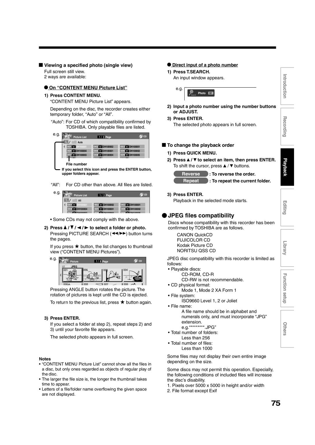 Toshiba RD-XS35SU Jpeg files compatibility, Viewing a specified photo single view, On Content Menu Picture List 