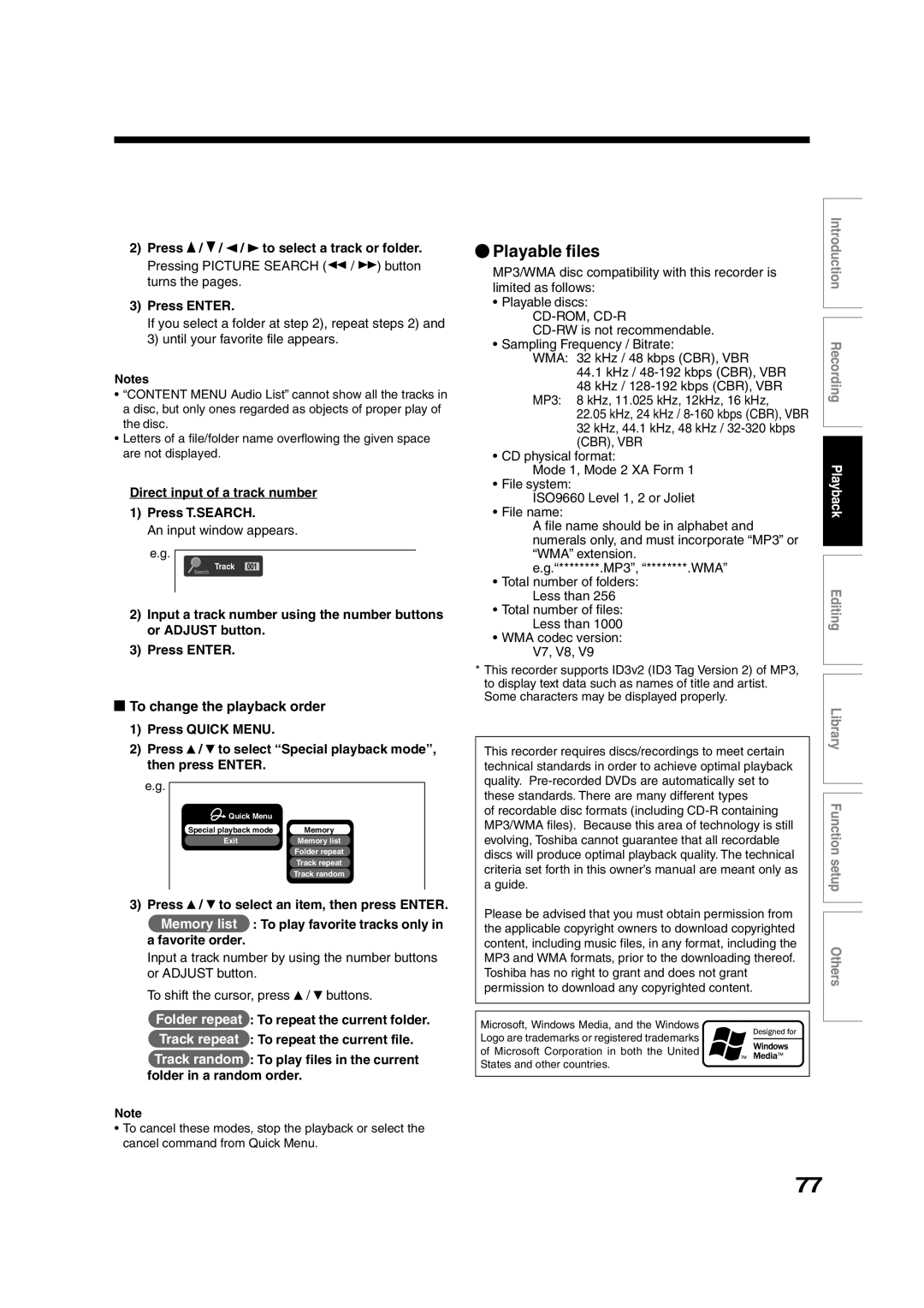 Toshiba RD-XS35SU Playable files, Press / / / to select a track or folder, Direct input of a track number Press T.SEARCH 