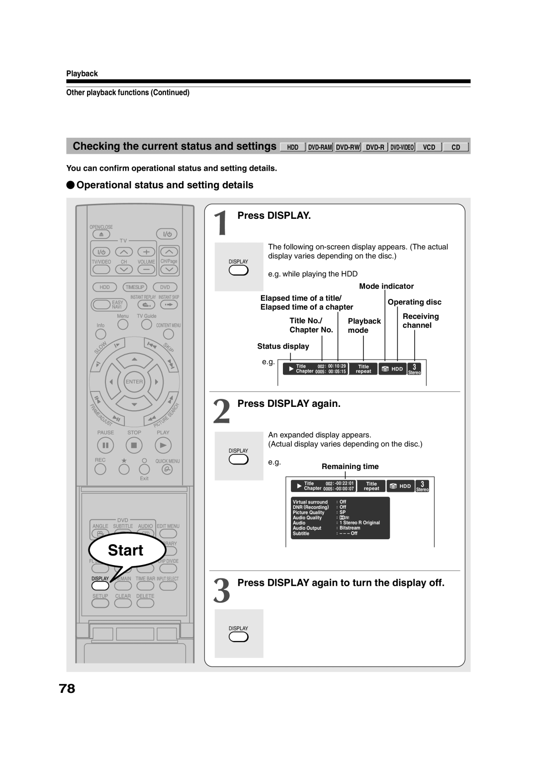 Toshiba RD-XS35SU owner manual Operational status and setting details Press Display 