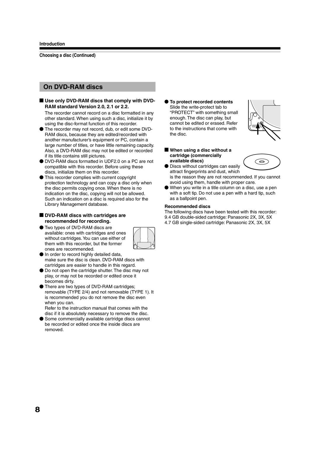 Toshiba RD-XS35SU On DVD-RAM discs, Introduction Choosing a disc, To protect recorded contents, Recommended discs 