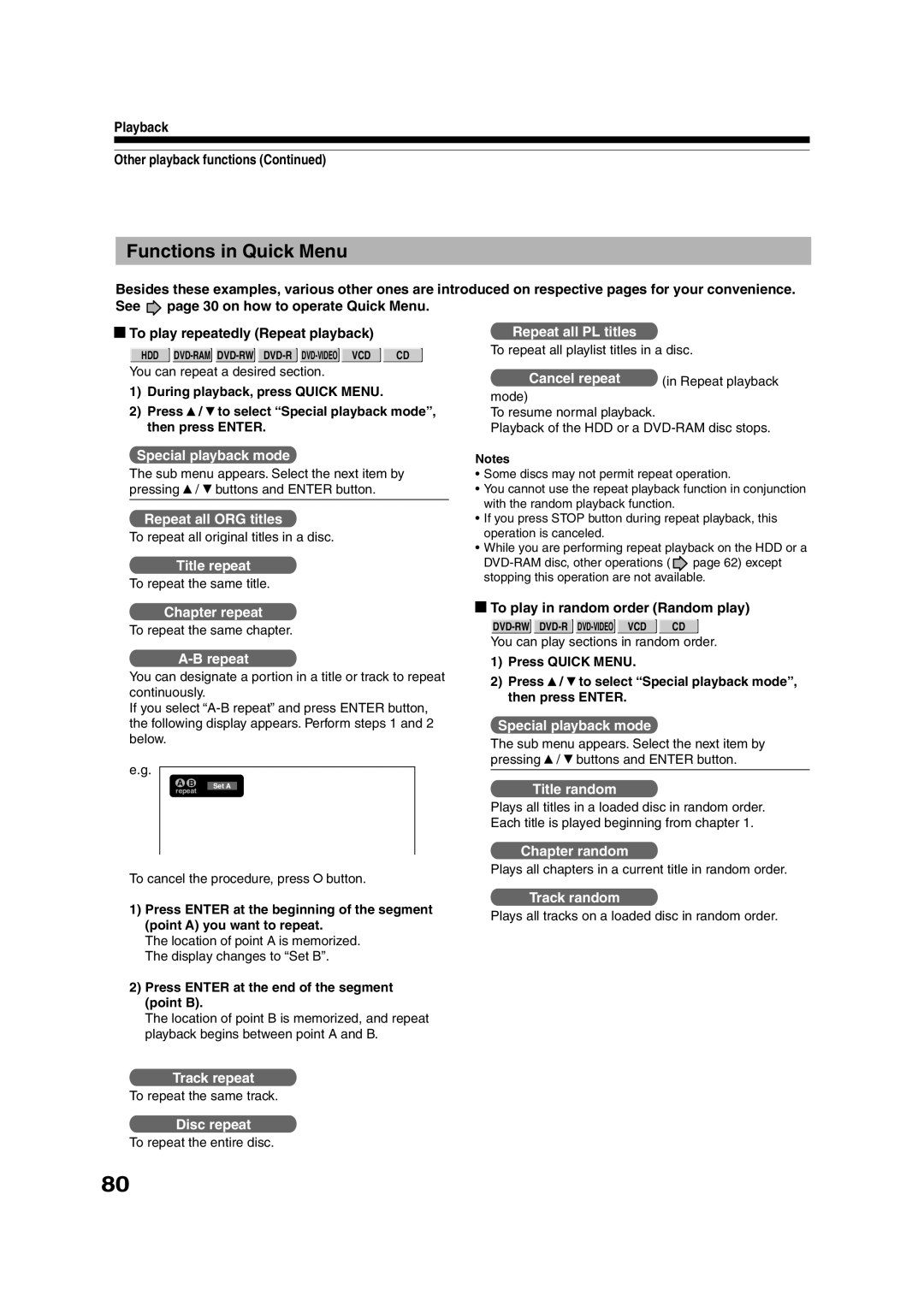 Toshiba RD-XS35SU owner manual Functions in Quick Menu, To play in random order Random play 