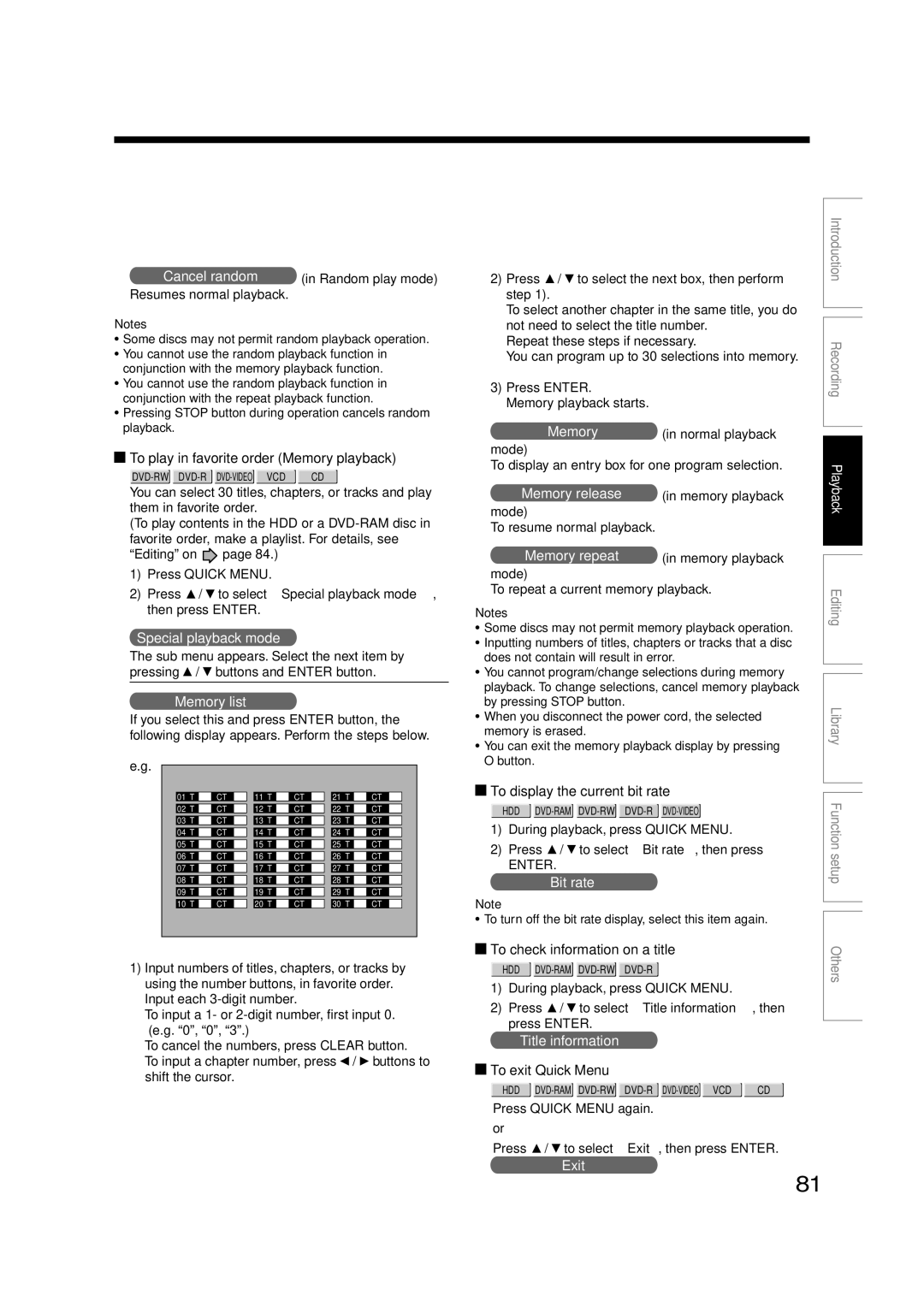 Toshiba RD-XS35SU owner manual To play in favorite order Memory playback, To display the current bit rate 