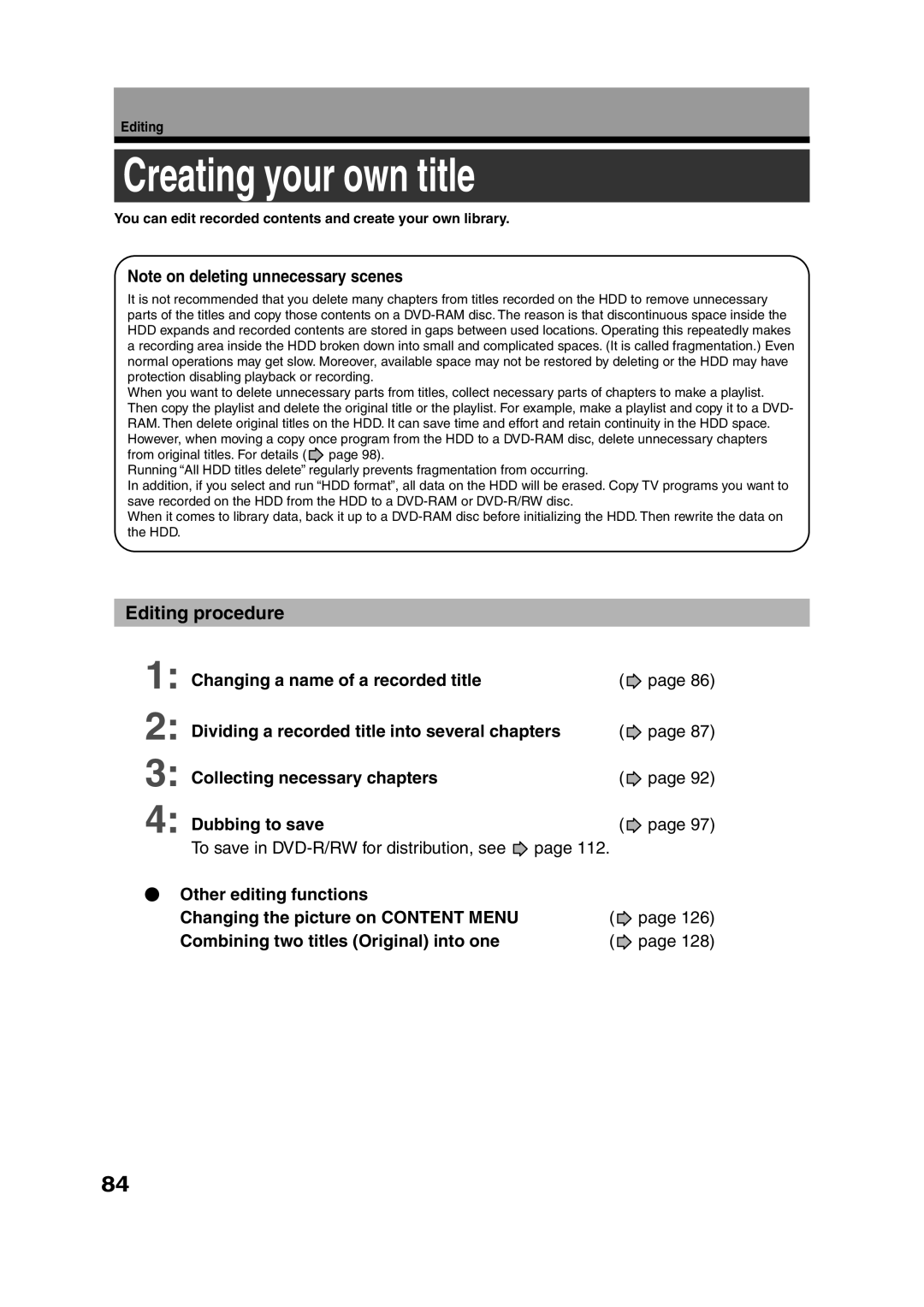 Toshiba RD-XS35SU Creating your own title, Editing procedure, You can edit recorded contents and create your own library 