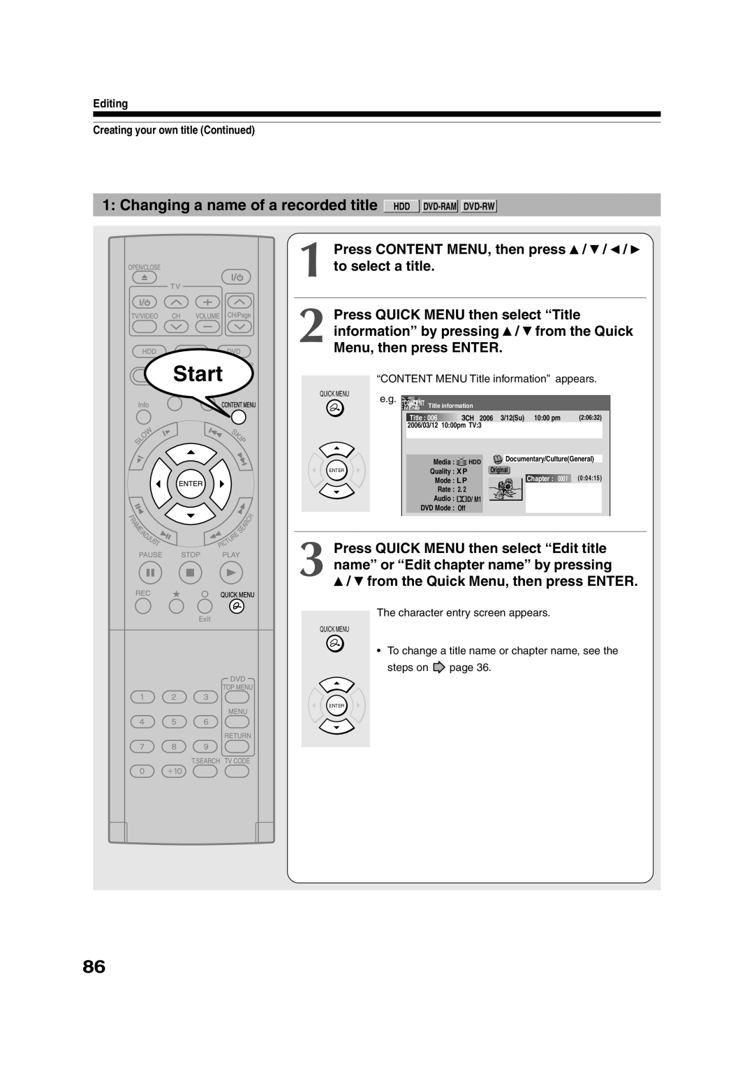 Toshiba RD-XS35SU owner manual Changing a name of a recorded title HDD DVD-RAMDVD-RW, Editing Creating your own title 