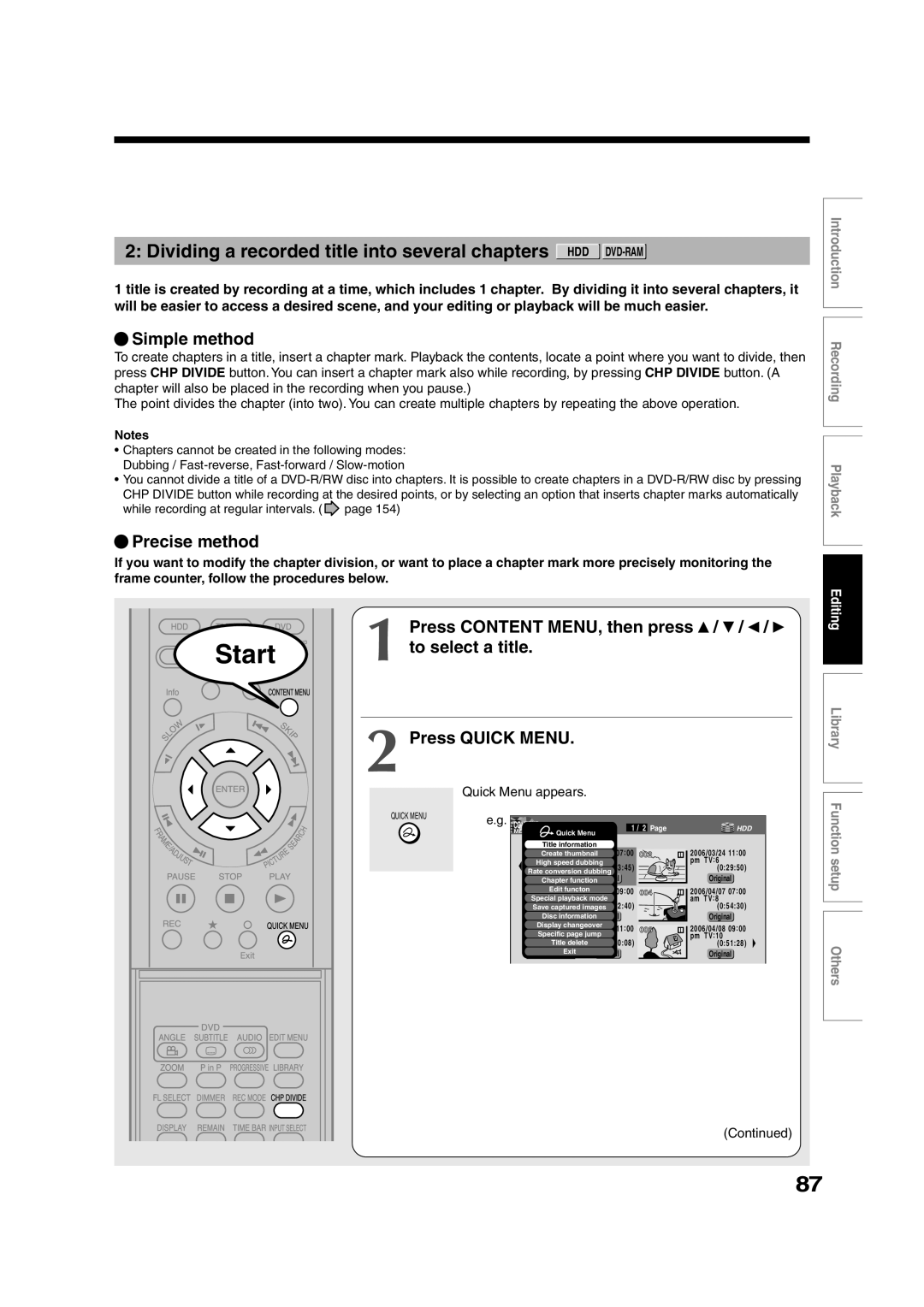 Toshiba RD-XS35SU owner manual Dividing a recorded title into several chapters HDD DVD-RAM, Simple method, Precise method 