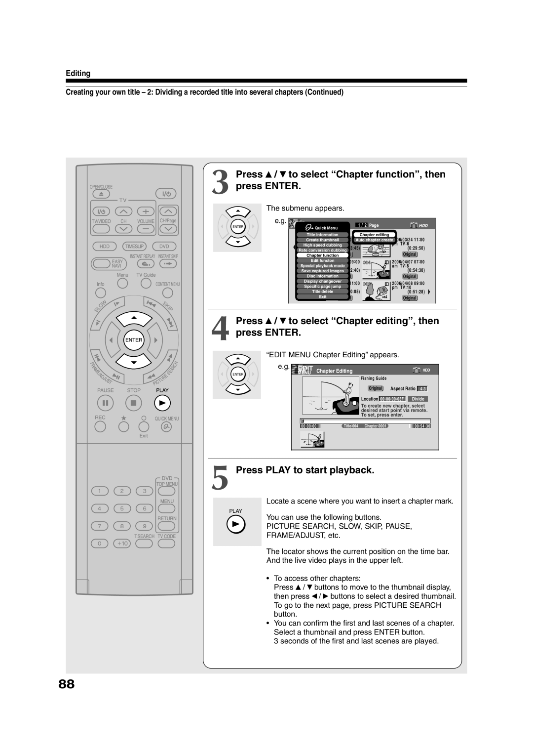 Toshiba RD-XS35SU owner manual Press / to select Chapter function, then press Enter, Press Play to start playback 