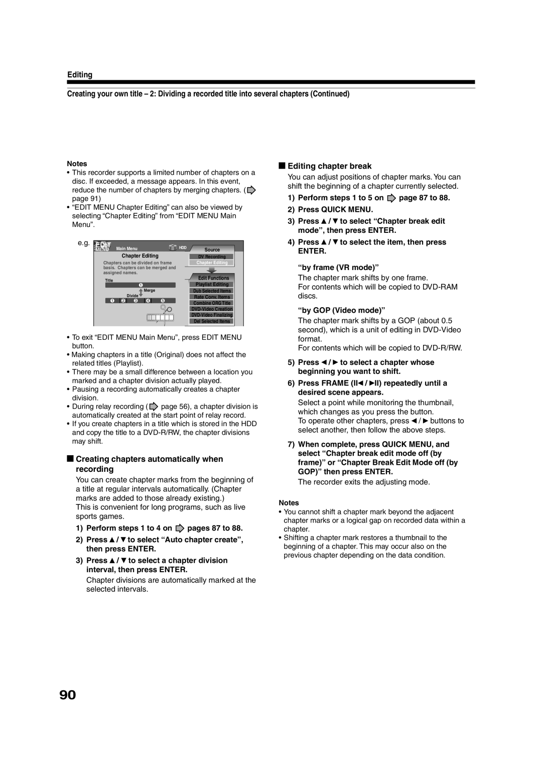 Toshiba RD-XS35SU owner manual Creating chapters automatically when recording, Editing chapter break 