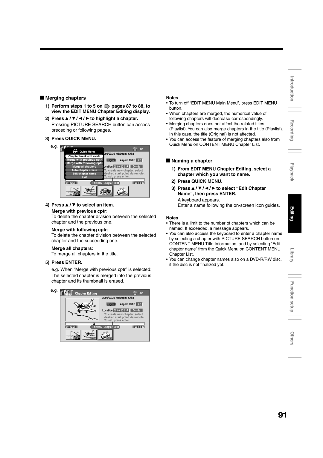 Toshiba RD-XS35SU owner manual Merging chapters, Naming a chapter 