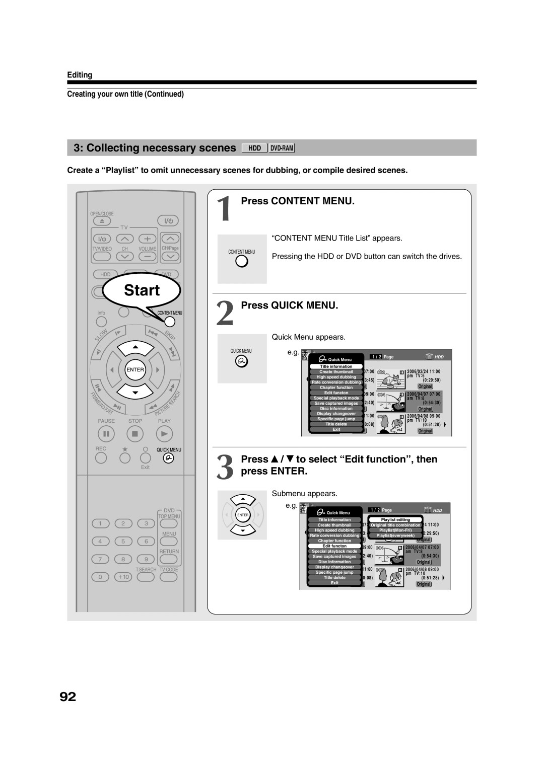 Toshiba RD-XS35SU owner manual Collecting necessary scenes HDD DVD-RAM, Press Content Menu, Submenu appears 