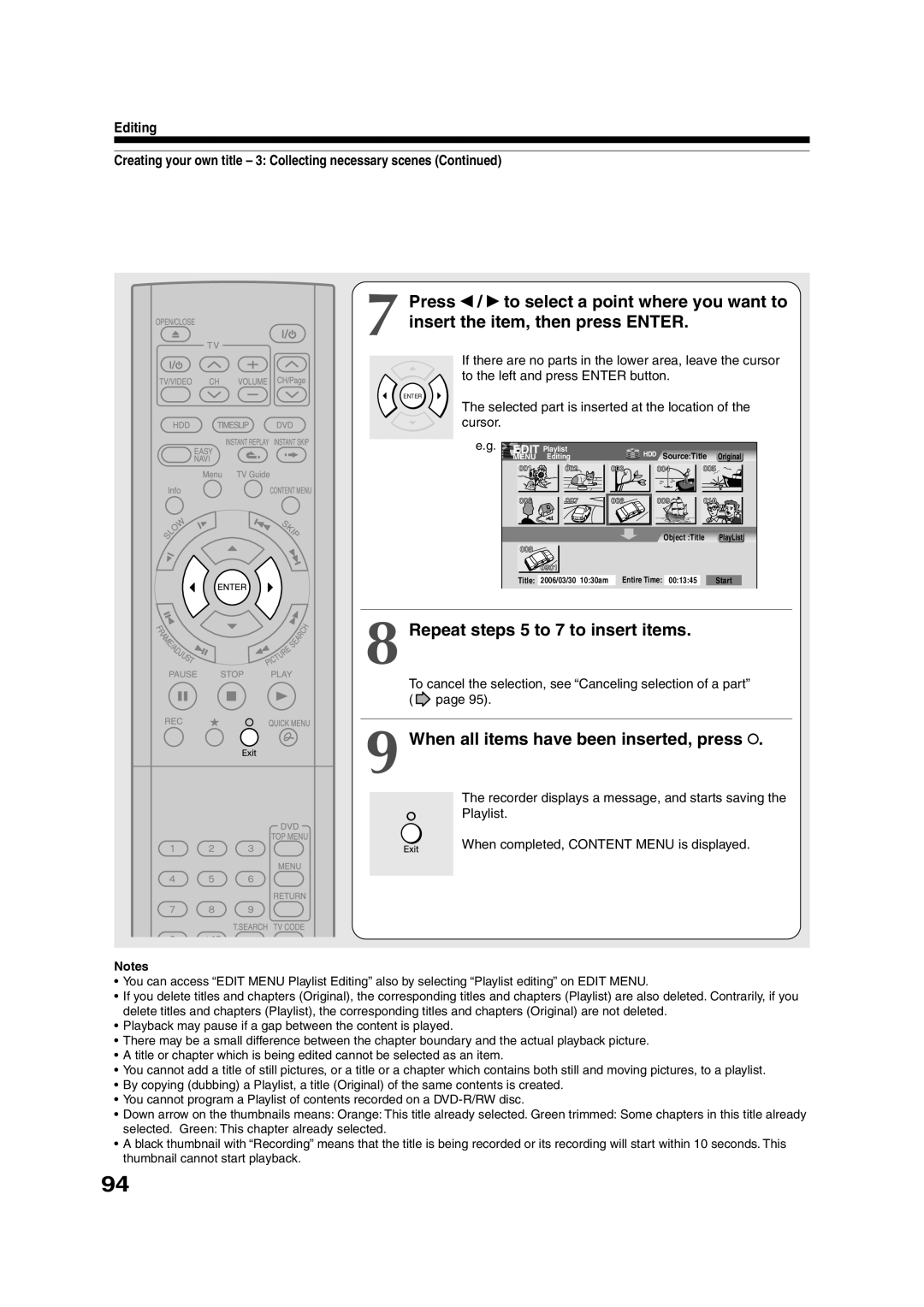 Toshiba RD-XS35SU owner manual Repeat steps 5 to 7 to insert items, When all items have been inserted, press 