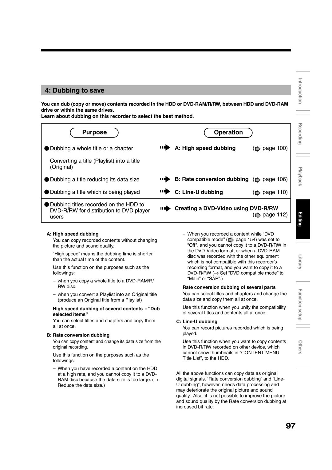 Toshiba RD-XS35SU owner manual Dubbing to save, Purpose Operation 