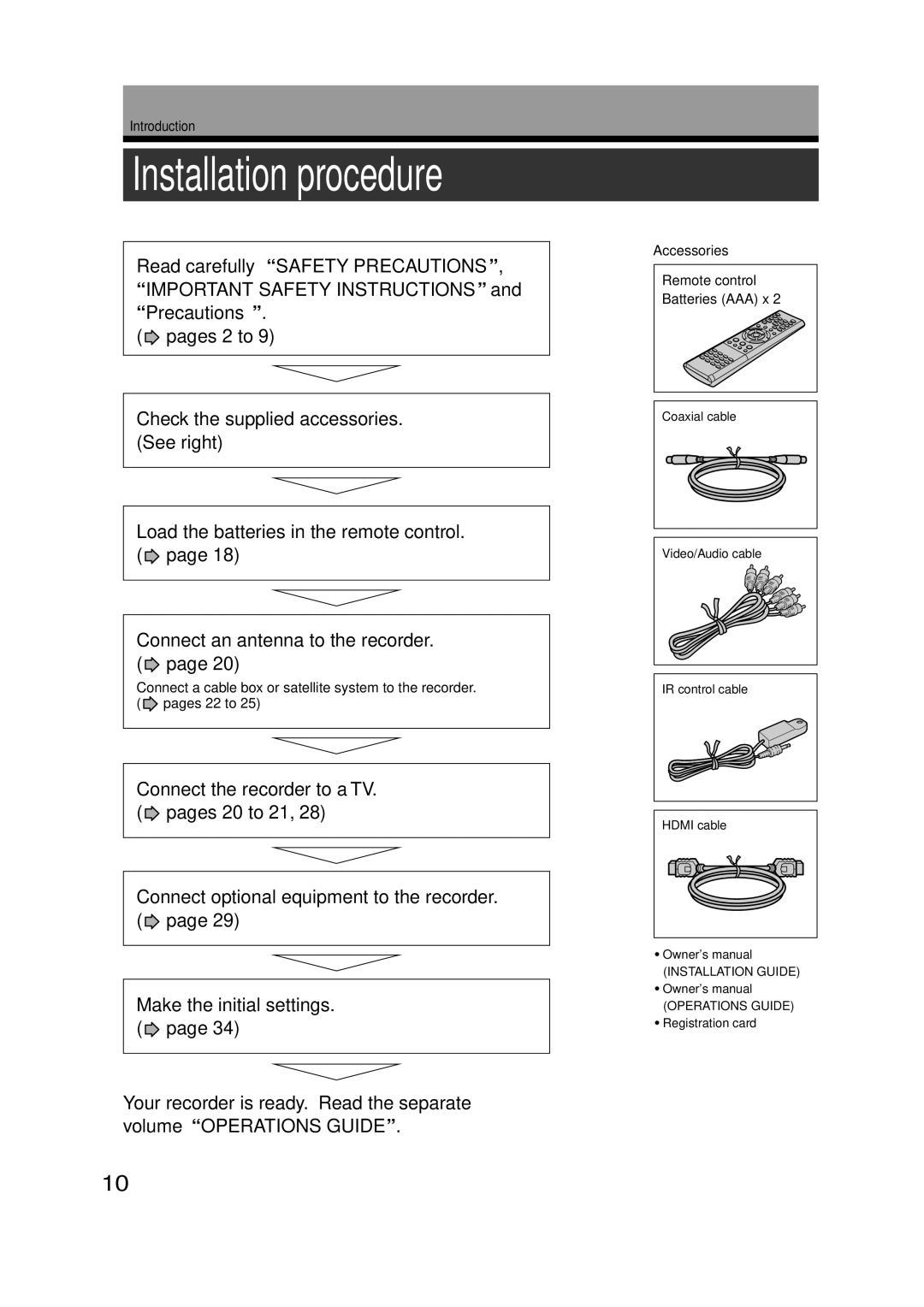 Toshiba RD-XS52SC Installation procedure, Accessories Remote control Batteries AAA x, Video/Audio cable IR control cable 