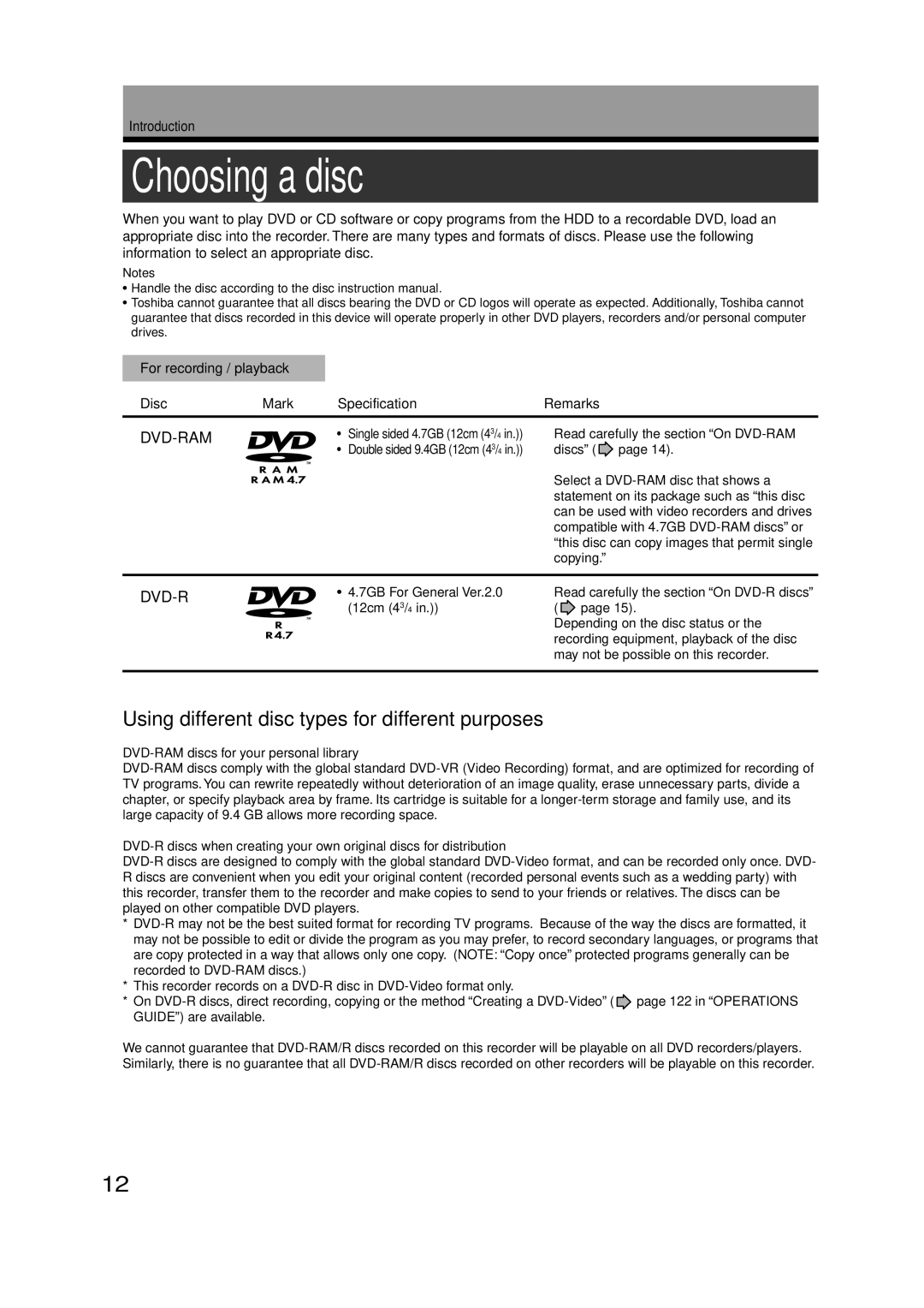 Toshiba RD-XS52SU, RD-XS52SC, RD-KX50SU owner manual Choosing a disc, Using different disc types for different purposes 