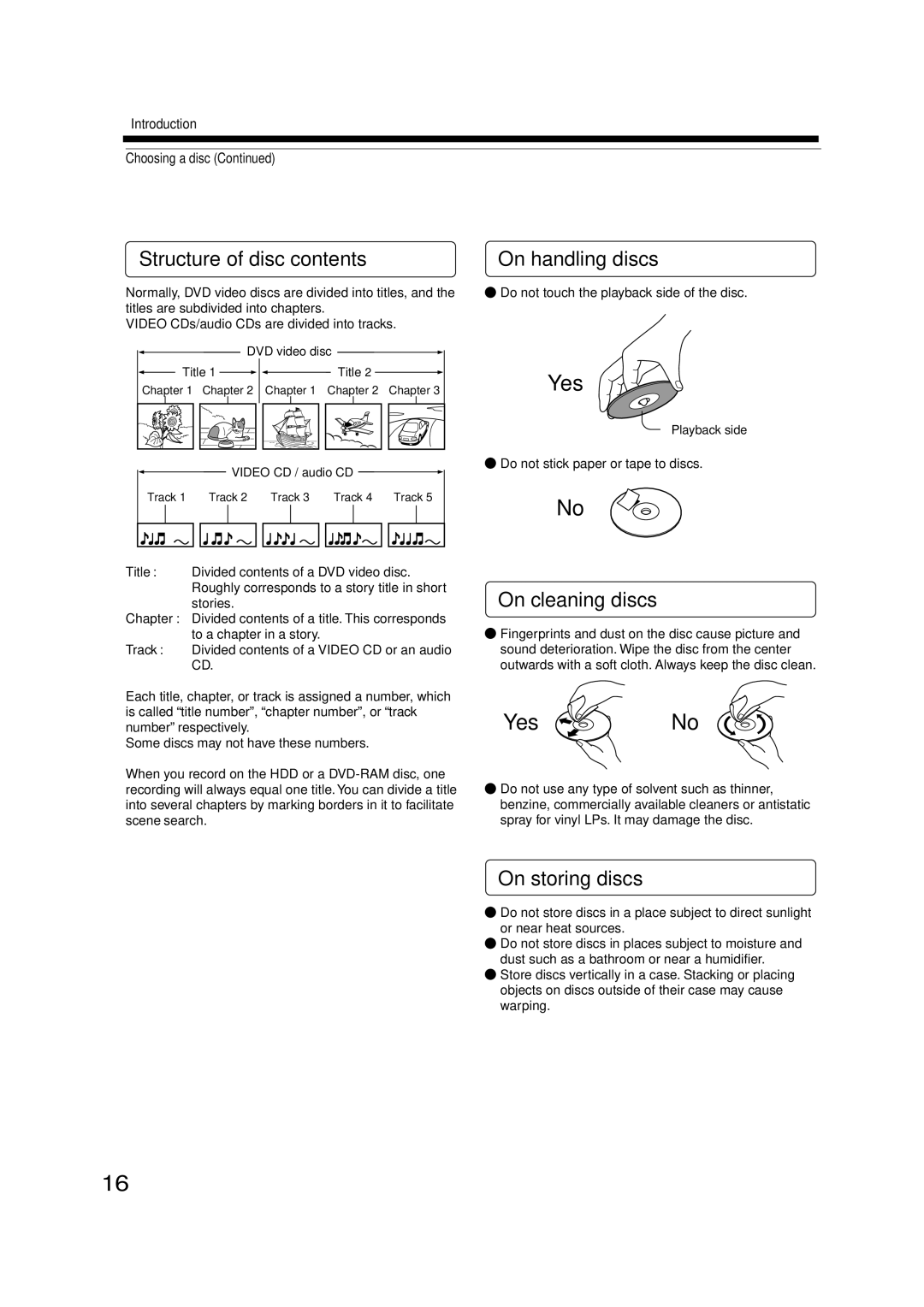 Toshiba RD-XS52SC, RD-XS52SU, RD-KX50SU Structure of disc contents, On handling discs, On cleaning discs, On storing discs 