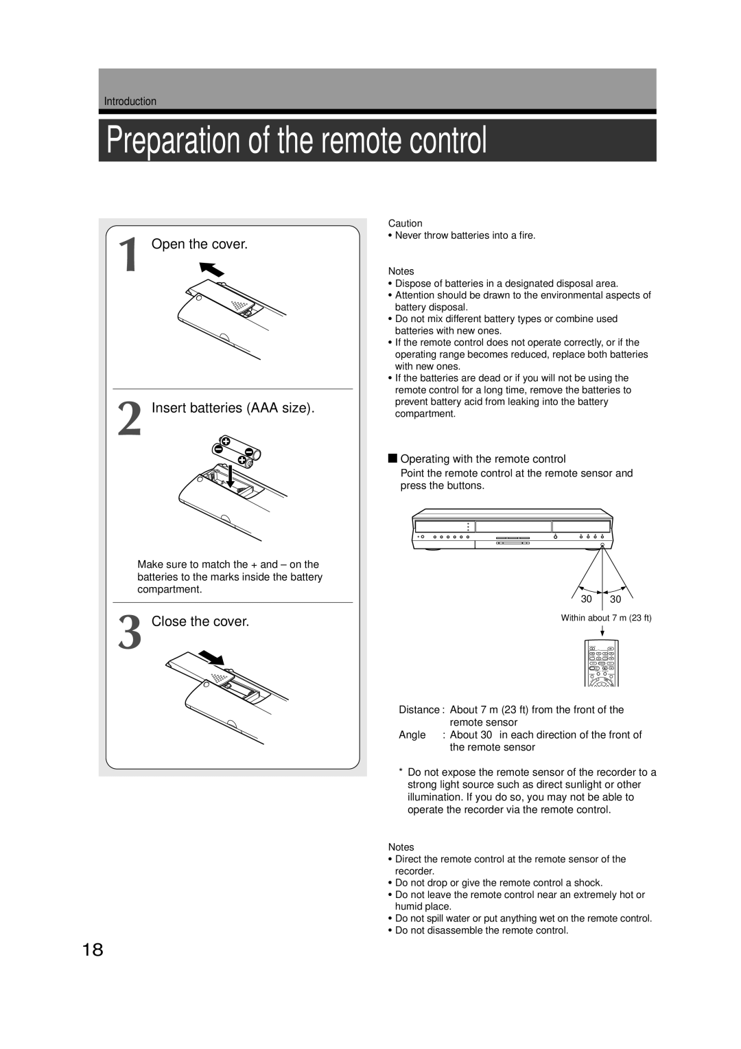 Toshiba RD-XS52SU, RD-XS52SC Preparation of the remote control, Open the cover Insert batteries AAA size, Close the cover 