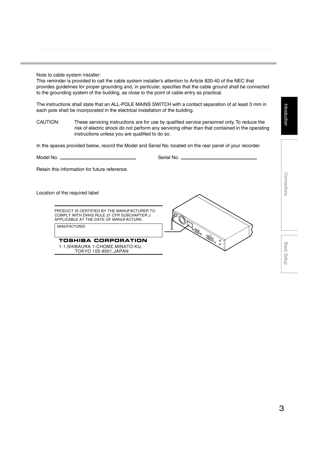 Toshiba RD-XS52SU, RD-XS52SC, RD-KX50SU owner manual Location of the required label 