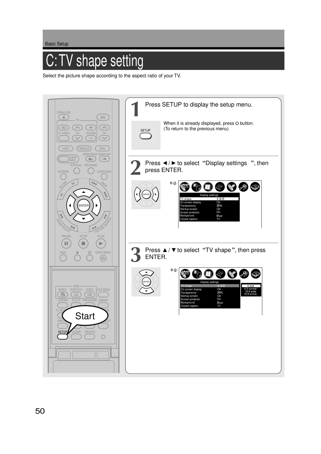 Toshiba RD-KX50SU, RD-XS52SU, RD-XS52SC owner manual TV shape setting, Press / to select Display settings, then press Enter 