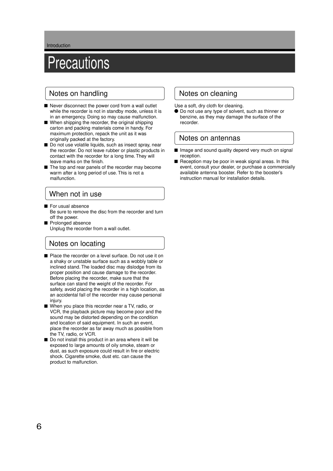 Toshiba RD-XS52SU, RD-XS52SC, RD-KX50SU owner manual Precautions, When not in use, Introduction 