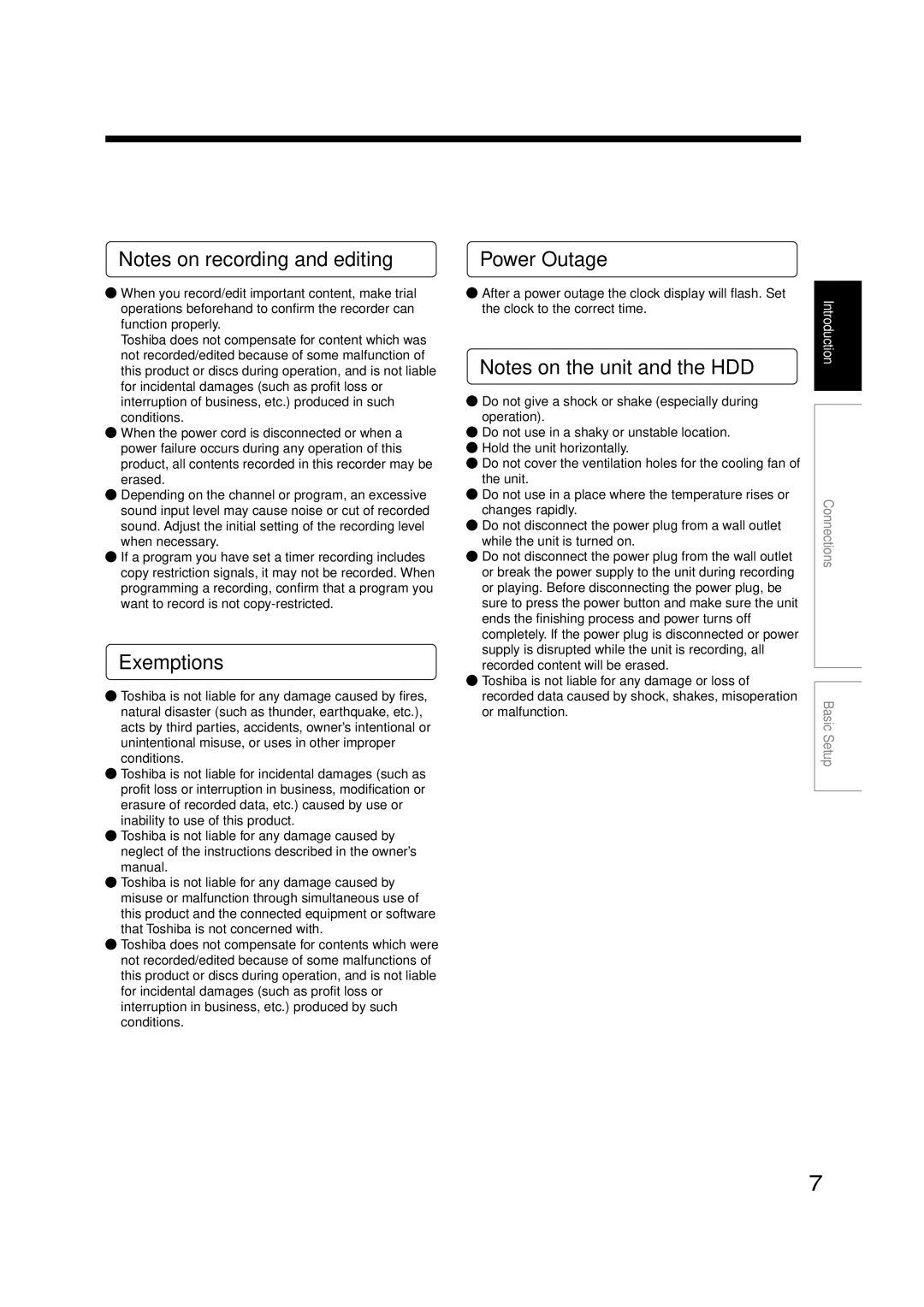 Toshiba RD-XS52SC, RD-XS52SU, RD-KX50SU owner manual Exemptions, Power Outage 