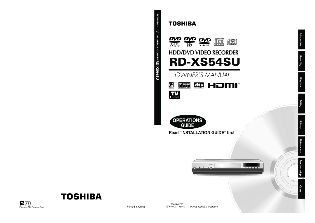 Toshiba RD-XS54SU owner manual P000440770 PM0022745010 