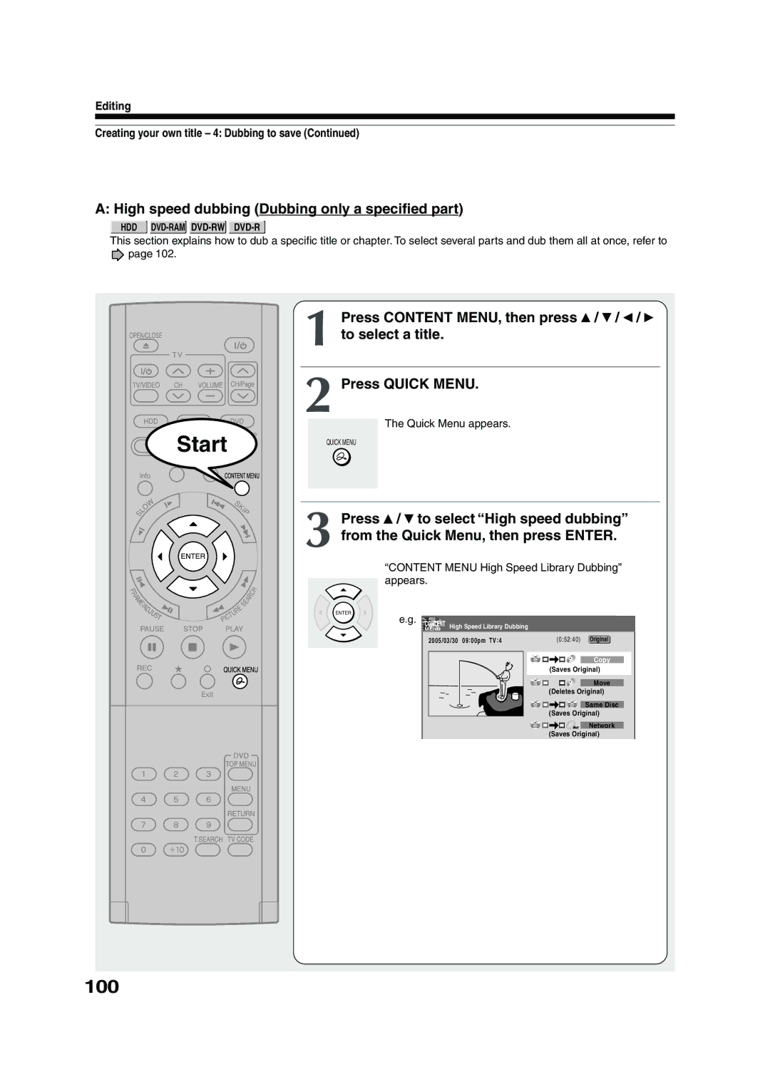 Toshiba RD-XS54SU owner manual High speed dubbing Dubbing only a specified part, From the Quick Menu, then press Enter 