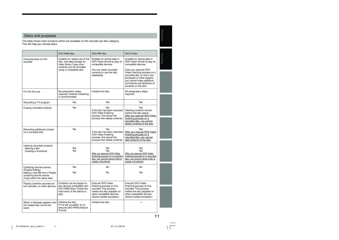 Toshiba RD-XS54SU owner manual Discs and purposes 