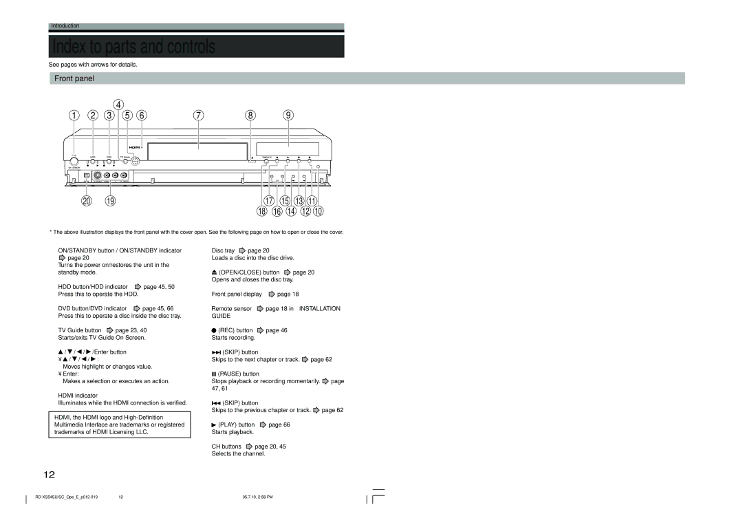 Toshiba RD-XS54SU owner manual Index to parts and controls, Front panel 