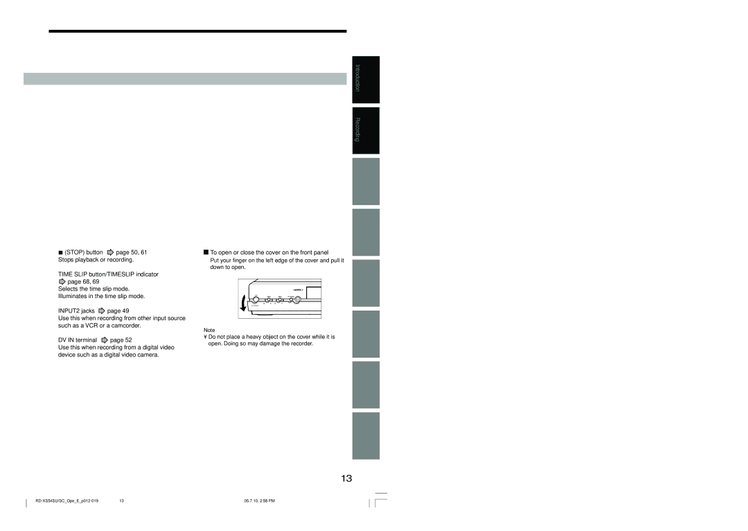 Toshiba RD-XS54SU Stop button page 50, 8TIME Slip button/TIMESLIP indicator page 68, 9INPUT2 jacks, @0DV in terminal 