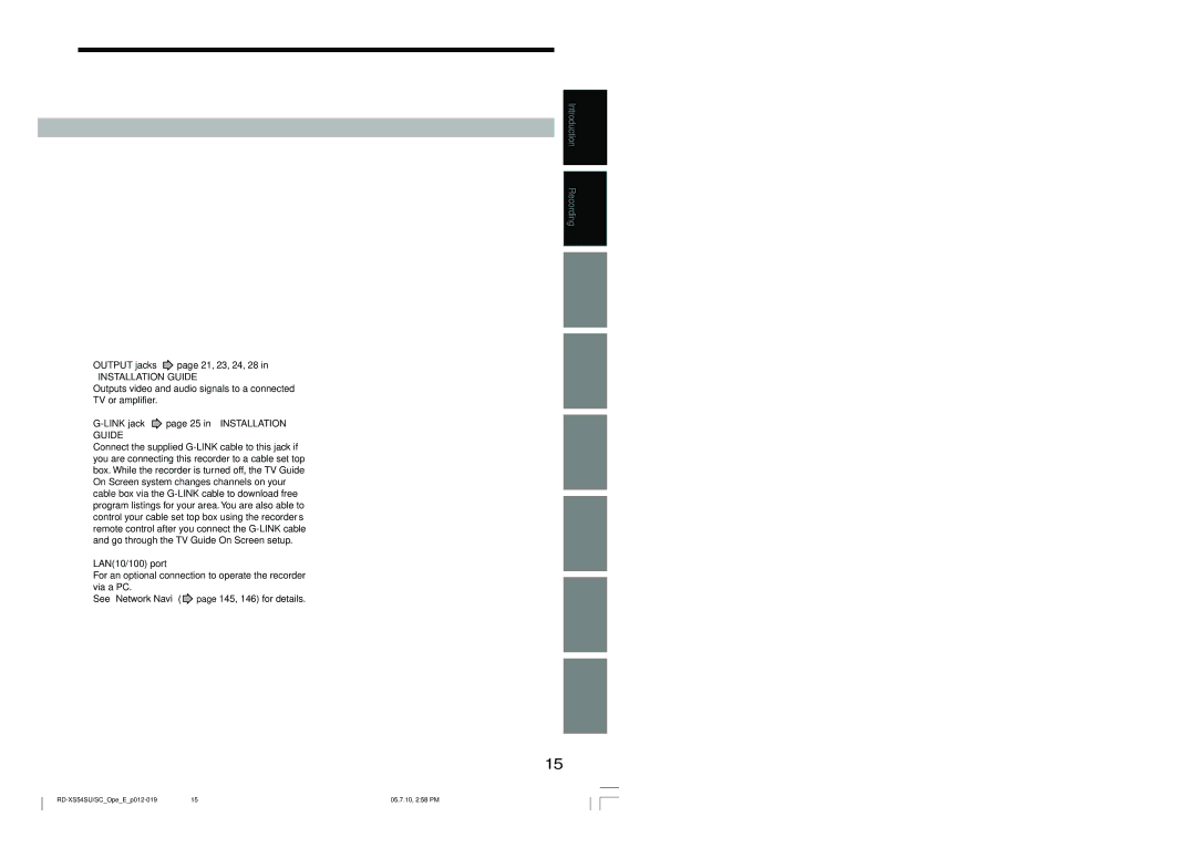 Toshiba RD-XS54SU owner manual Output jacks page 21, 23, 24, 28, 0G-LINK jack page 25 in Installation, 1LAN10/100 port 