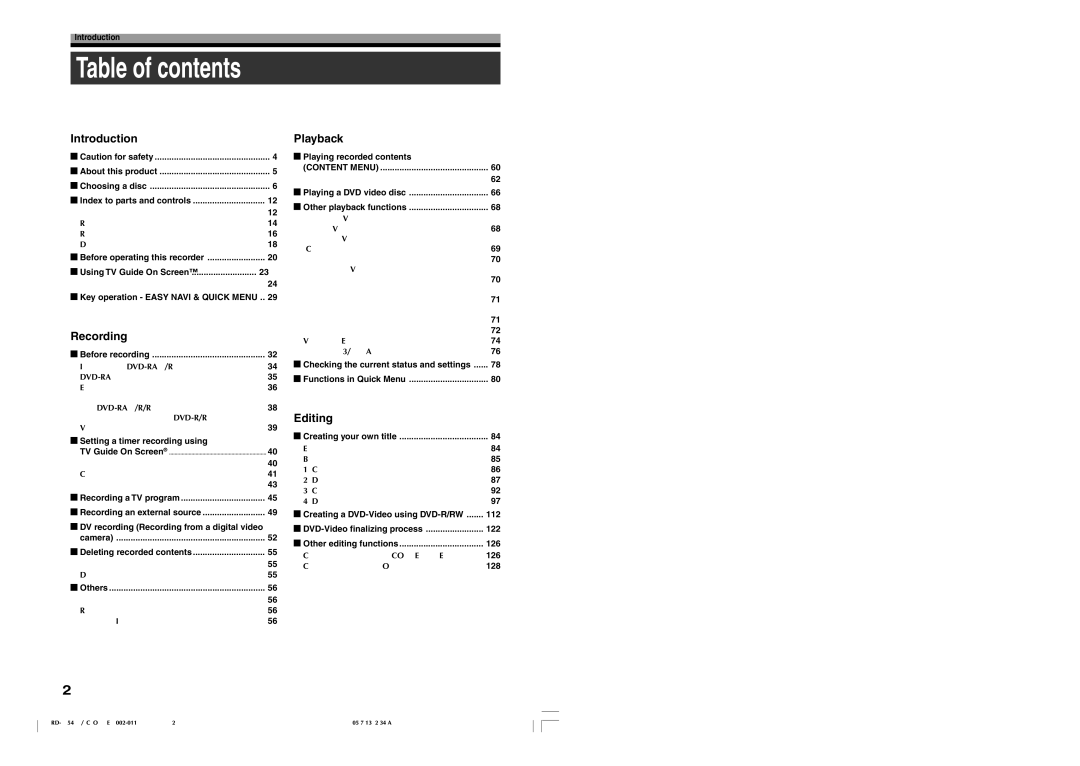 Toshiba RD-XS54SU owner manual Table of contents 