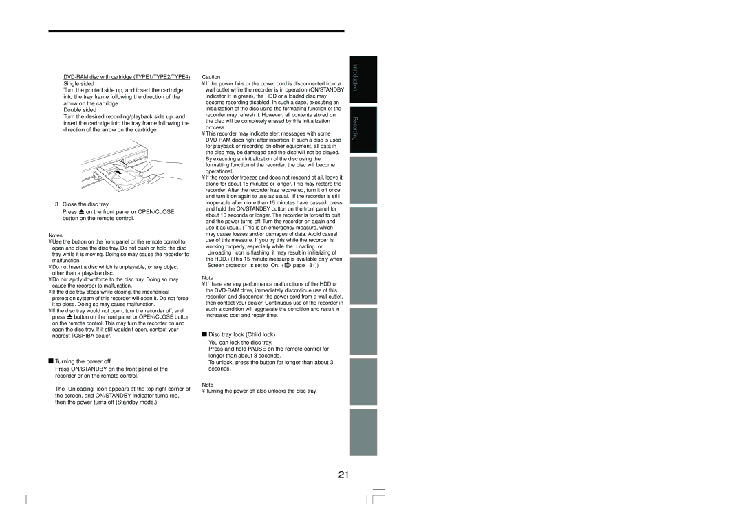 Toshiba RD-XS54SU Turning the power off, Disc tray lock Child lock, Single sided, Double sided, Close the disc tray 