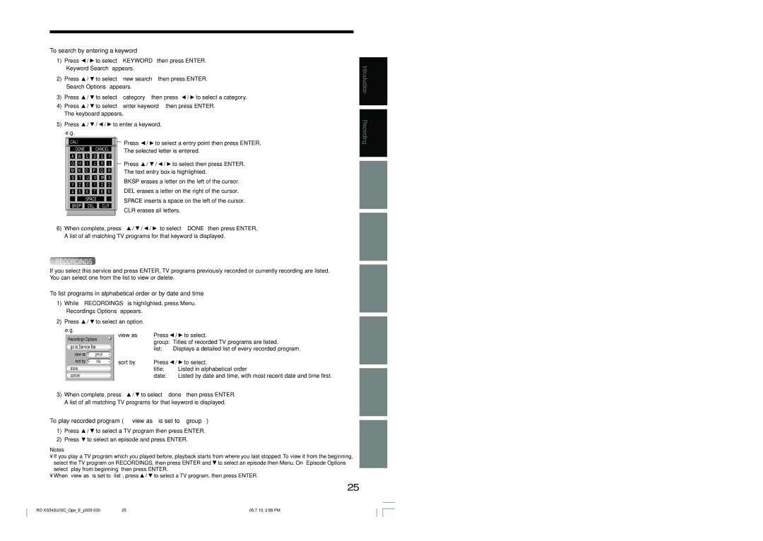 Toshiba RD-XS54SU owner manual To search by entering a keyword, To list programs in alphabetical order or by date and time 